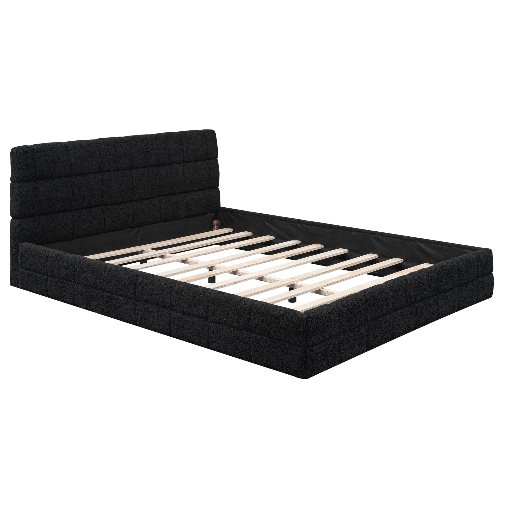 Queen Size Upholstered Platform Bed, Black Box Spring Not Required Queen Black Wood Bedroom Bed Frame Upholstered