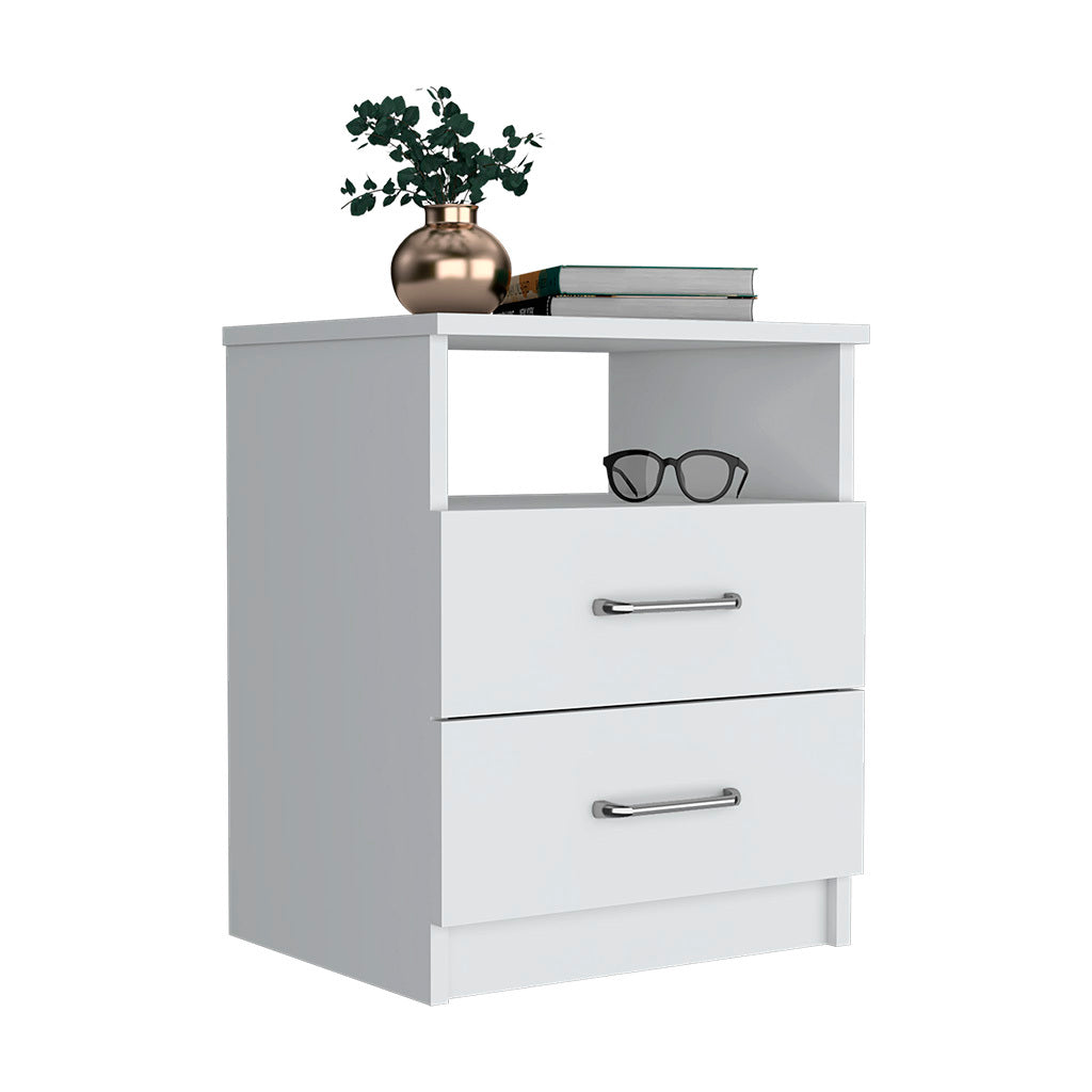 Nightstand 20"H, Two Drawers, Open Shelf, Superior Top, White White Particle Board Particle Board