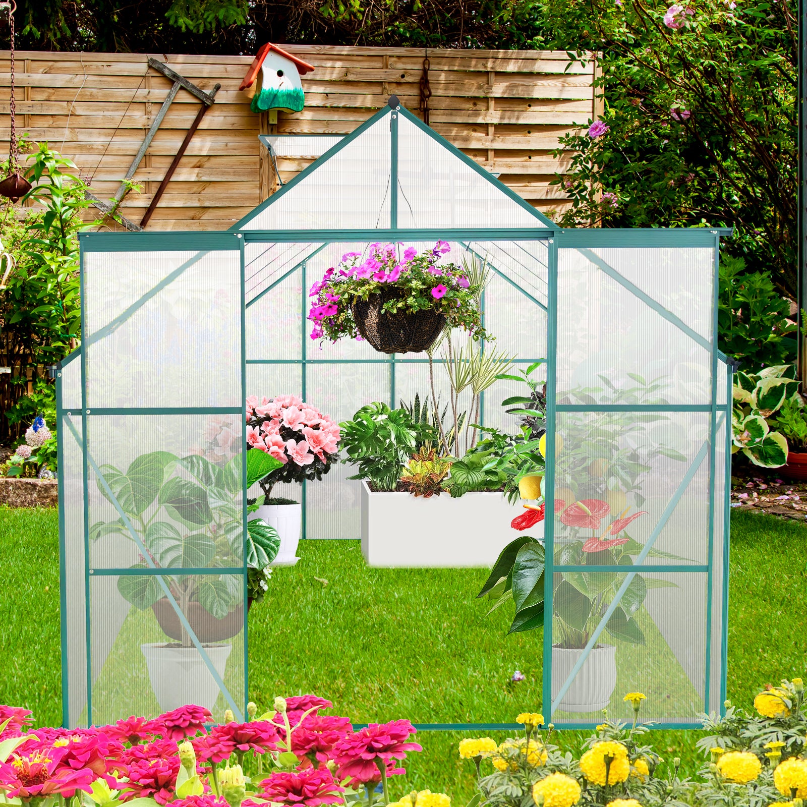 8X10Ft Double Door Polycarbonate Greenhouse Raised Base And Anchor Alu