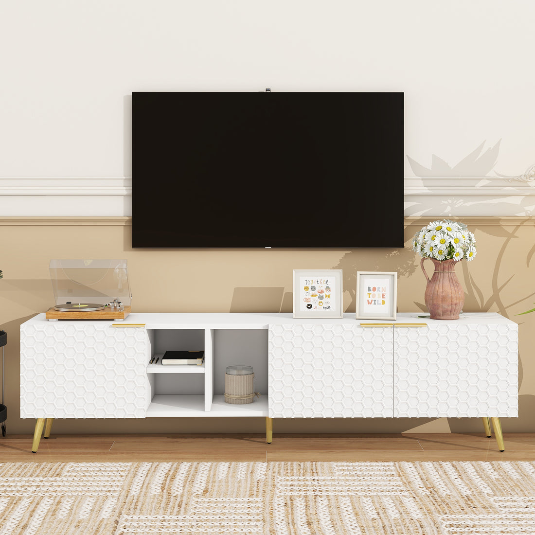 Modern Minimalist Geometric Tv Cabinet With Metal Handles And Gold Legs For Tvs Up To 80'', Multi Functional Tv Stand With Storage Cabinets, Entertainment Center For Living Room, White White Gold Primary Living Space 80 89 Inches 80 89 Inches 80 Inches