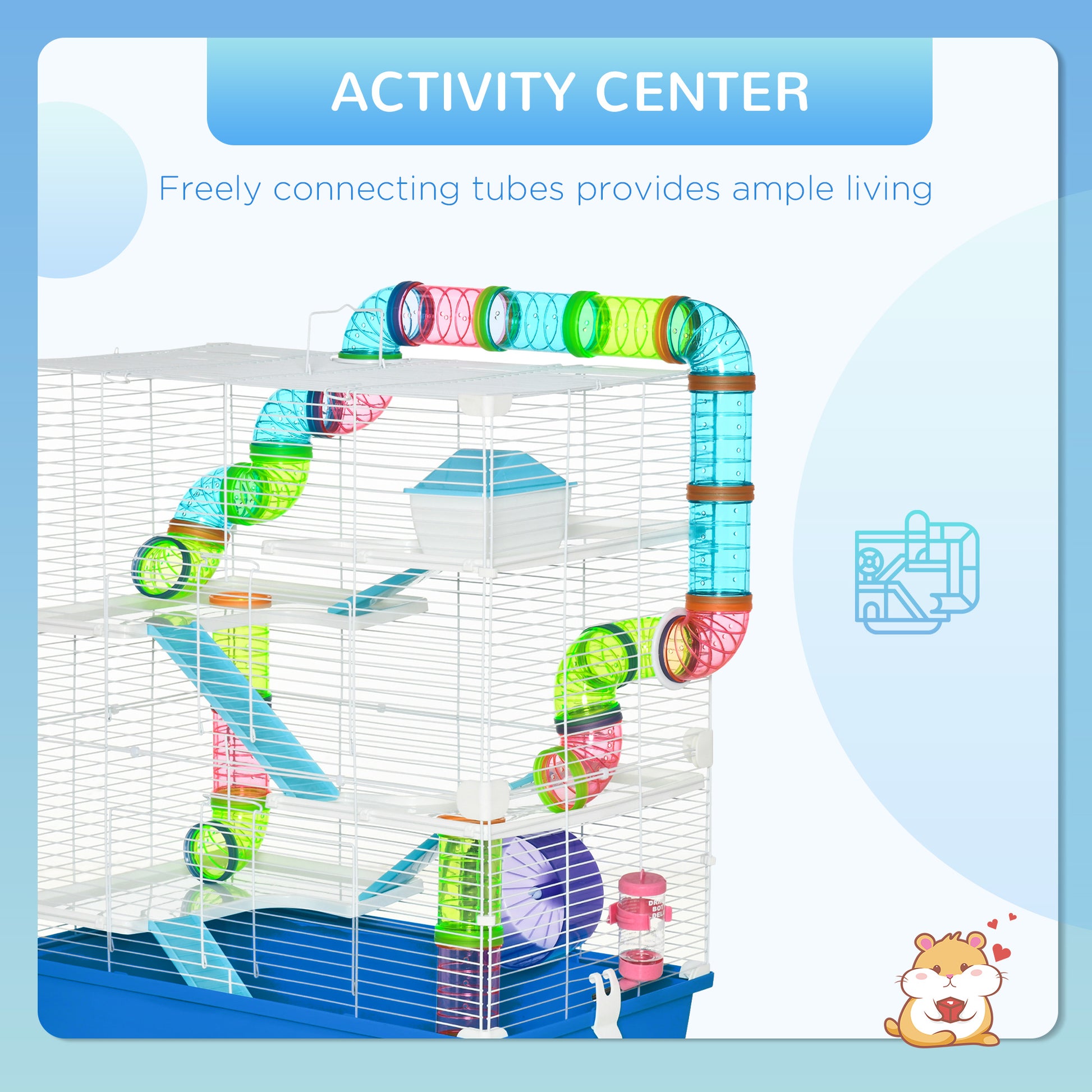 Pawhut Extra Large 23" Hamster Cage With Tubes And Tunnels, Portable Carry Handles, Rat House And Habitats Big 5 Tier Design, Includes Exercise Wheel, Water Bottle, Food Dish, Blue Blue Steel