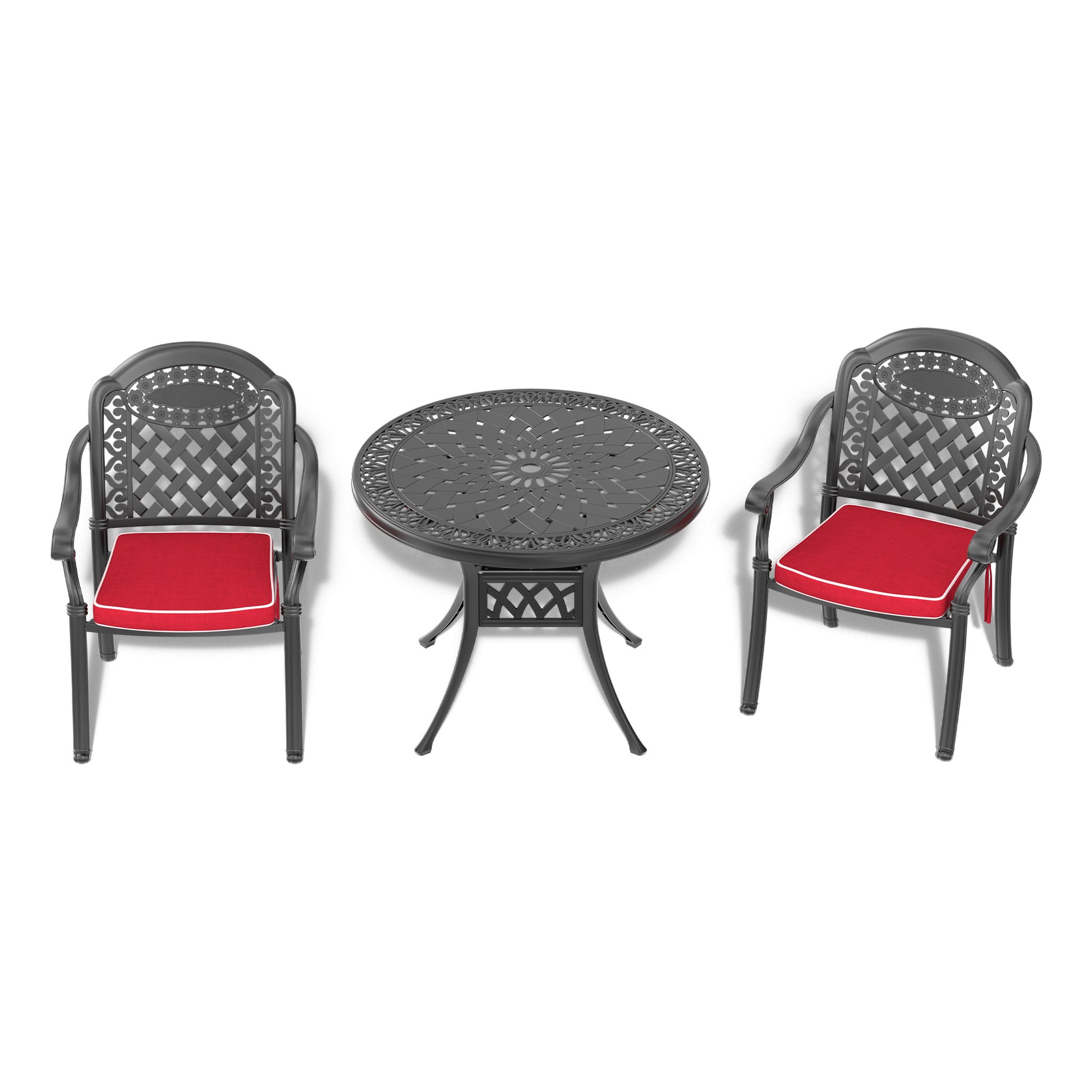 Cushions In Random Colors 3 Piece Set Of Cast Aluminum Patio Furniture With Cushions Yes Dining Set Black Seats 2 Rust Resistant Frame Water Resistant Cushion Garden & Outdoor Complete Patio Sets Aluminium