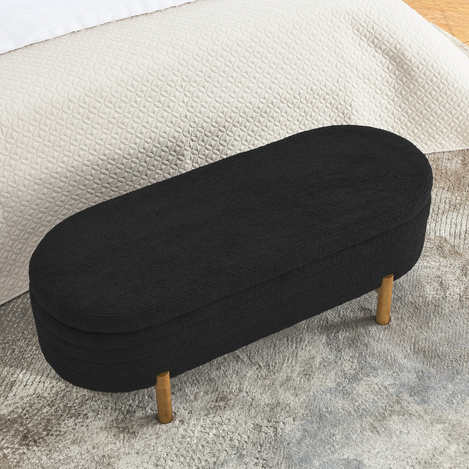 Ottoman Oval Storage Bench,Rubber Wood Leg,Black 46."X17.7"X10.8" Black Foam