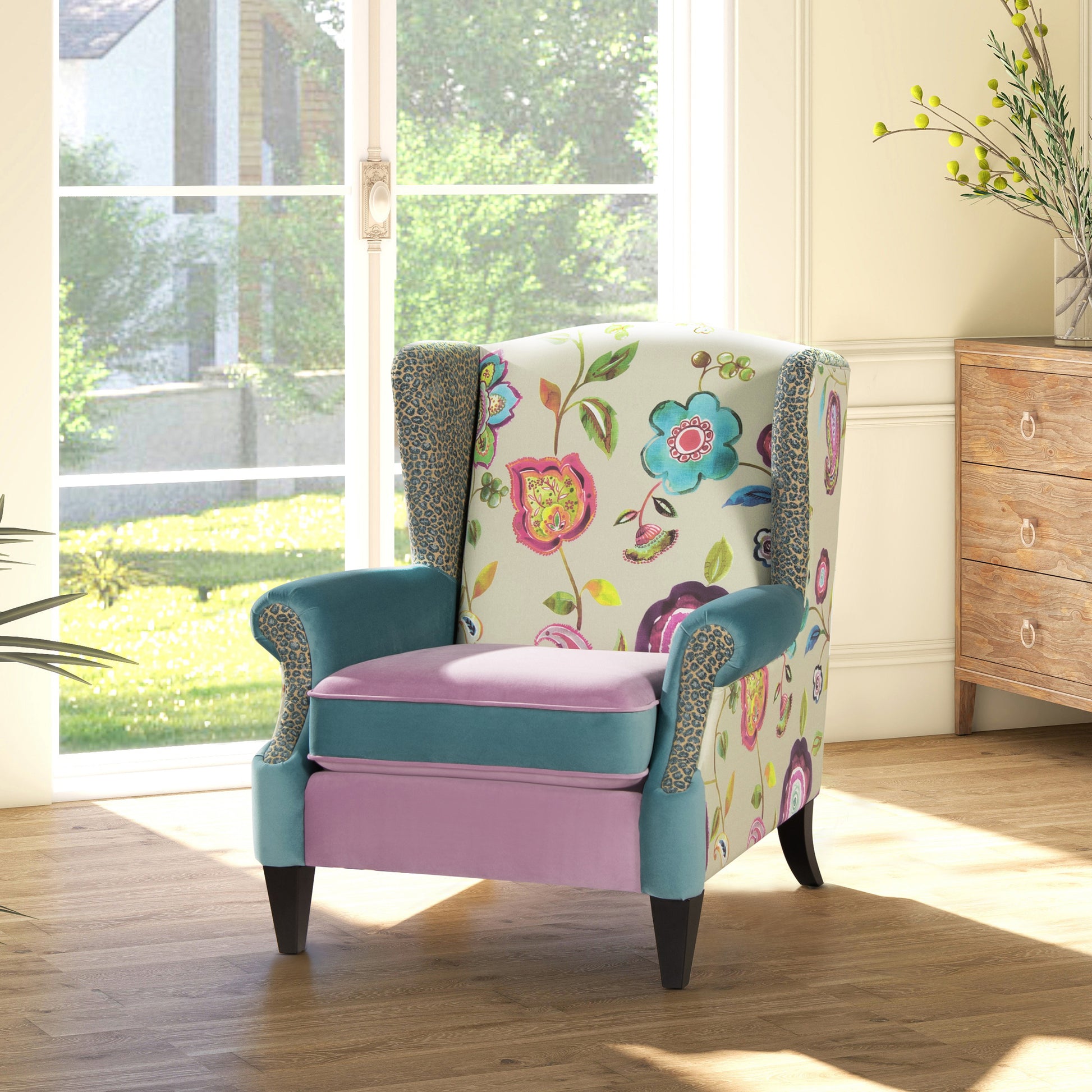 Anya Boho Chic Wingback Accent Arm Chair, Floral Leopard, Arctic Blu