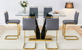 Table And Chair Set,Clear Tempered Glass And Black Legs Of The Table, Pu And Gold Legs Of The Chair Black Grey Seats 6 Tempered Glass