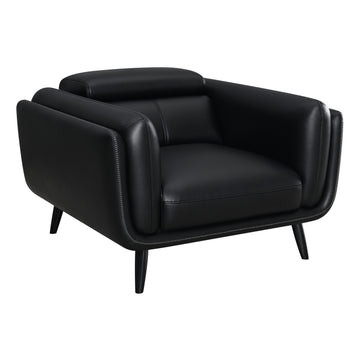 41 Inch Tuxedo Style Accent Chair, Double Track Arms, Black Faux Leather Black Wood