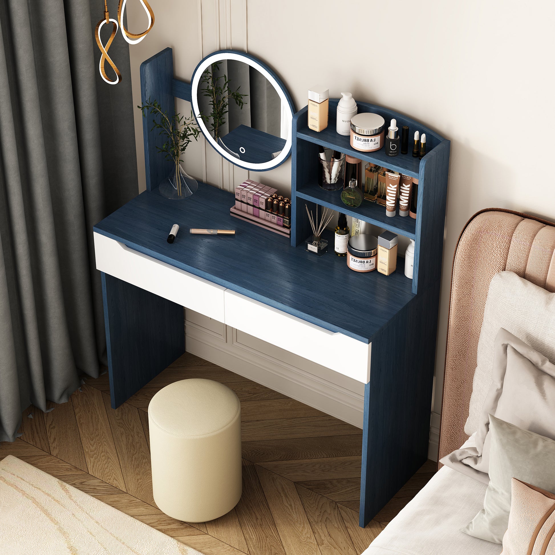 blue dressing table Modern Blue Makeup Vanity Set Retracted Dressing Table Cabinet&Stool&Mirror Included