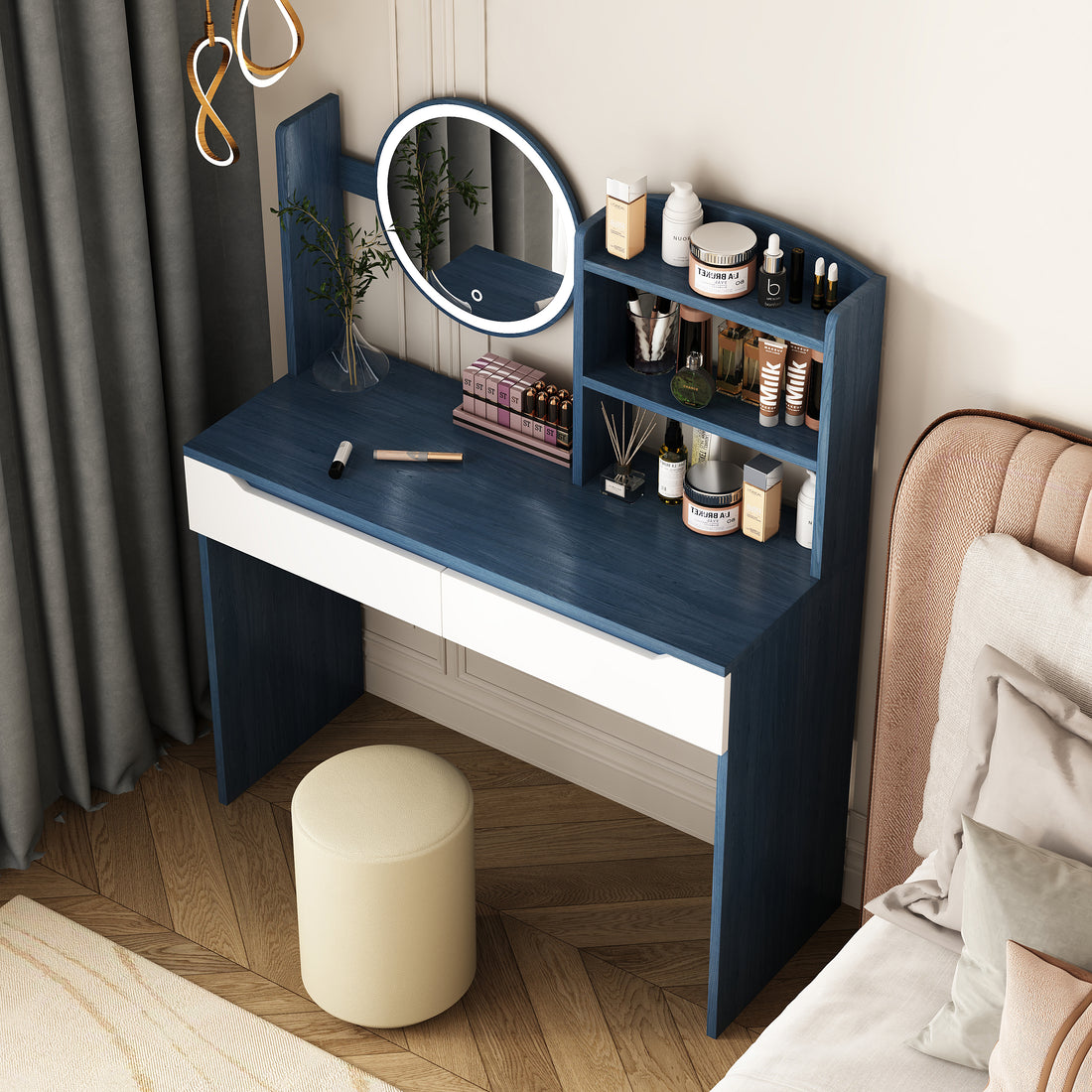 Table Set With Hd Mirror Cushion Stool And Large Drawers Mini Makeup Dressing Desk Furniture For Apartment Bedroom Girls Gift Blue Blue And White Stripes Wood