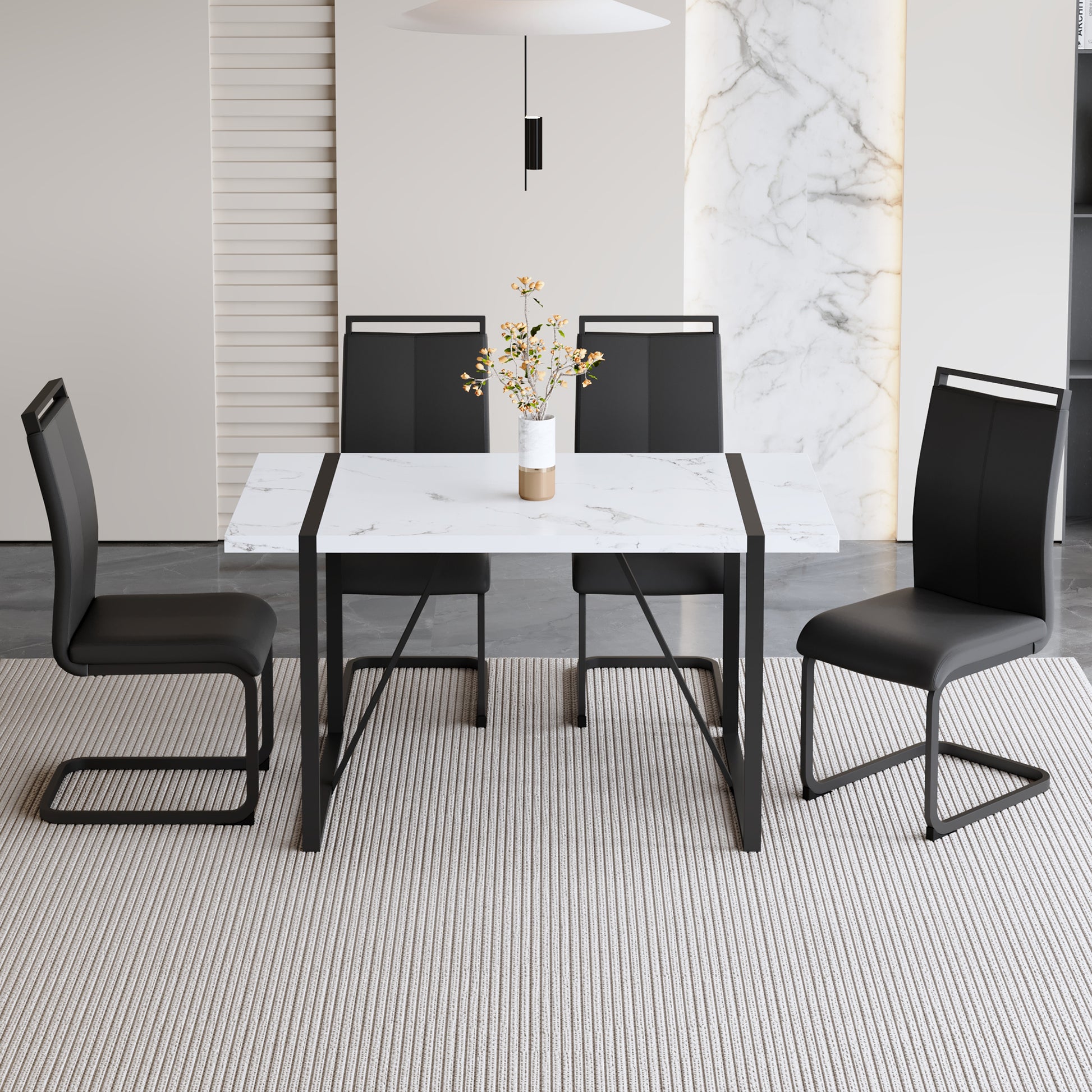 Table And Chair Set.A Modern Minimalist White Marble Veined Mdf Dining Table With Black Metal Frame.Paried With 4 Chairs With Pu Cushions And C Tube Black Metal Legs. White Black Seats 4 Mdf Metal