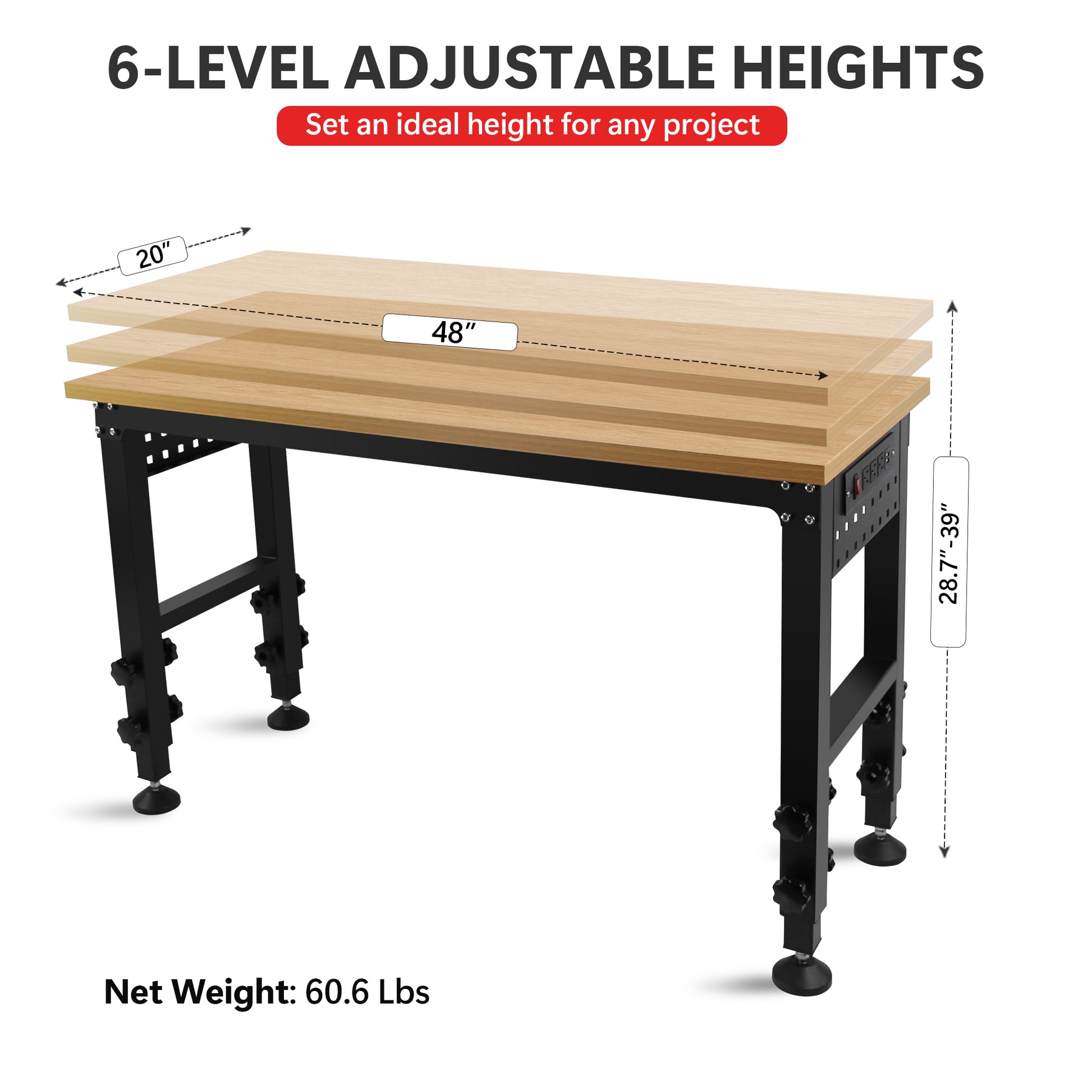 48 "Adjustable Workbench With Power Outlet, Heavy Duty Load Capacity Hardwood Workbench Suitable For Workshop, Office, Garage, Home Black Steel