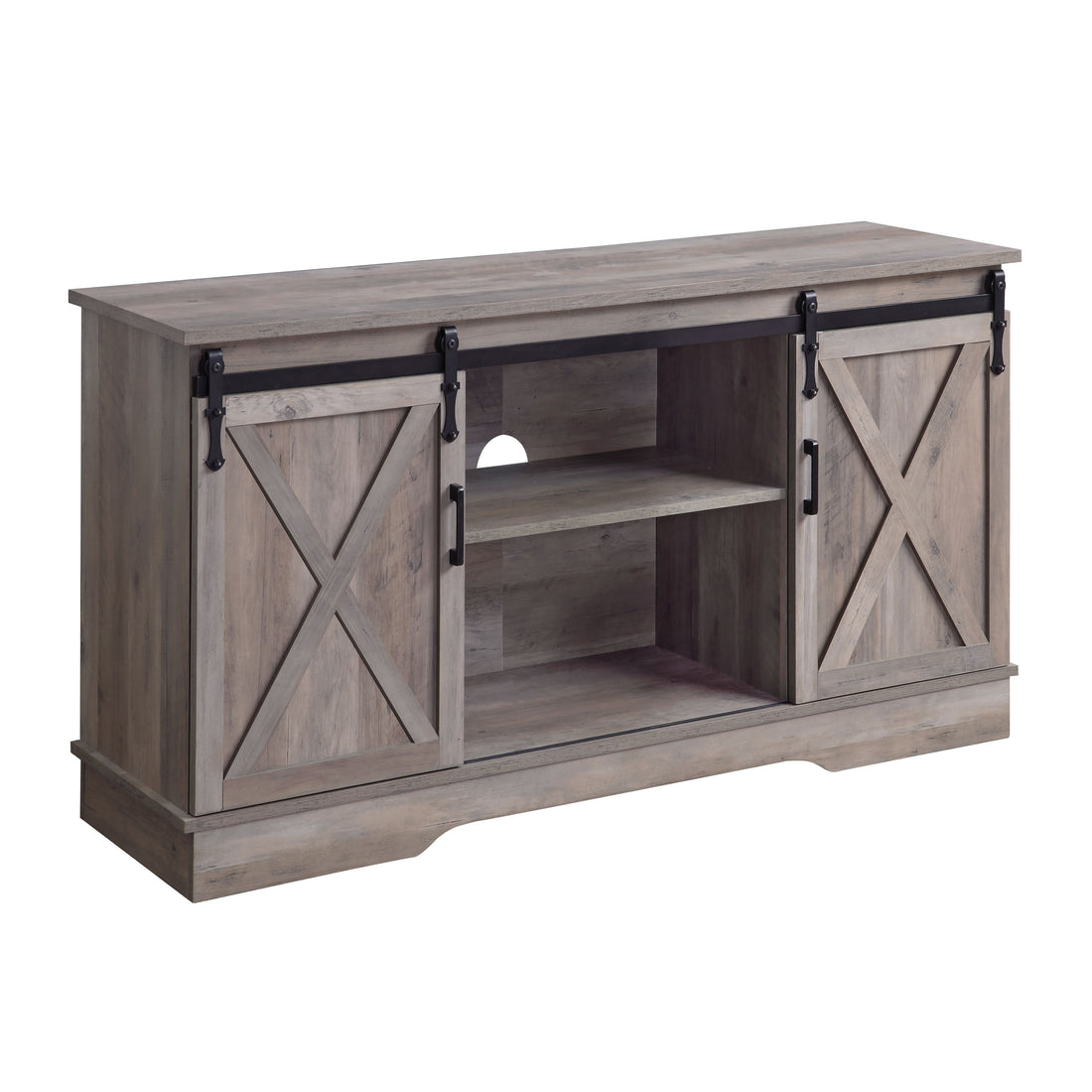 Grey Tv Stand With 2 Sliding Barn Doors Grey Primary Living Space 60 69 Inches Rustic Wood Metal