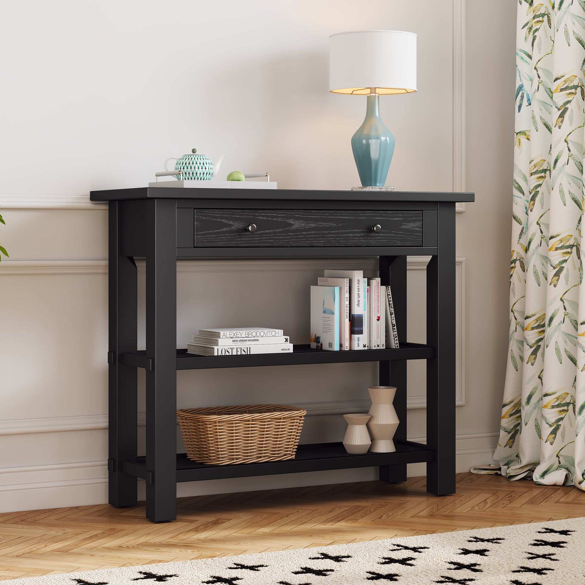 Retro Console Table With Drawer And Two Sturdy Shelves For Entryway, Living Room Black Black Mdf,Rubber Wood