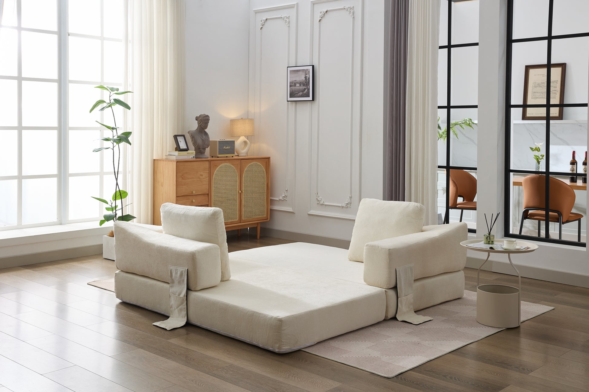 Modern Minimalist Sofa, Fold Out Sofa Bed, Convertible Chair Floor Couch & Sleeping Mattress For Living Room, Bedroom, Apartment, Removable Backrest, White White Chenille Soft Vintage Chenille 2 Seat