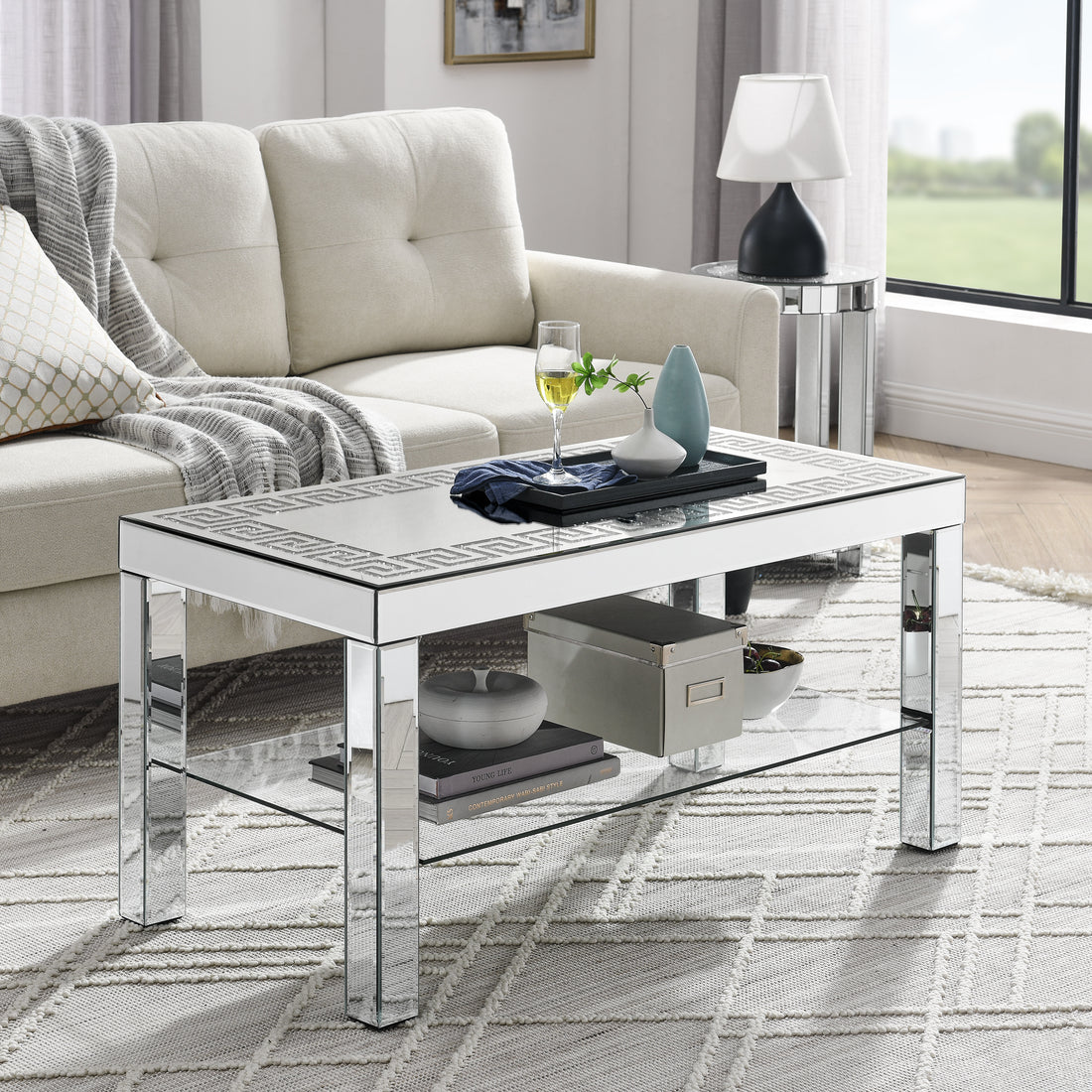 W 40 "X D 20" X H 20 "Curved Border Carved Mirror Coffee Table: Silver Mirror Glass Tabletop With Sparkling Diamond Edge Frame And Crystal Mirror Legs, Small Coffee Table For Modern Home Sofa Decorati Silver Desk And Chair Set Primary Living Space