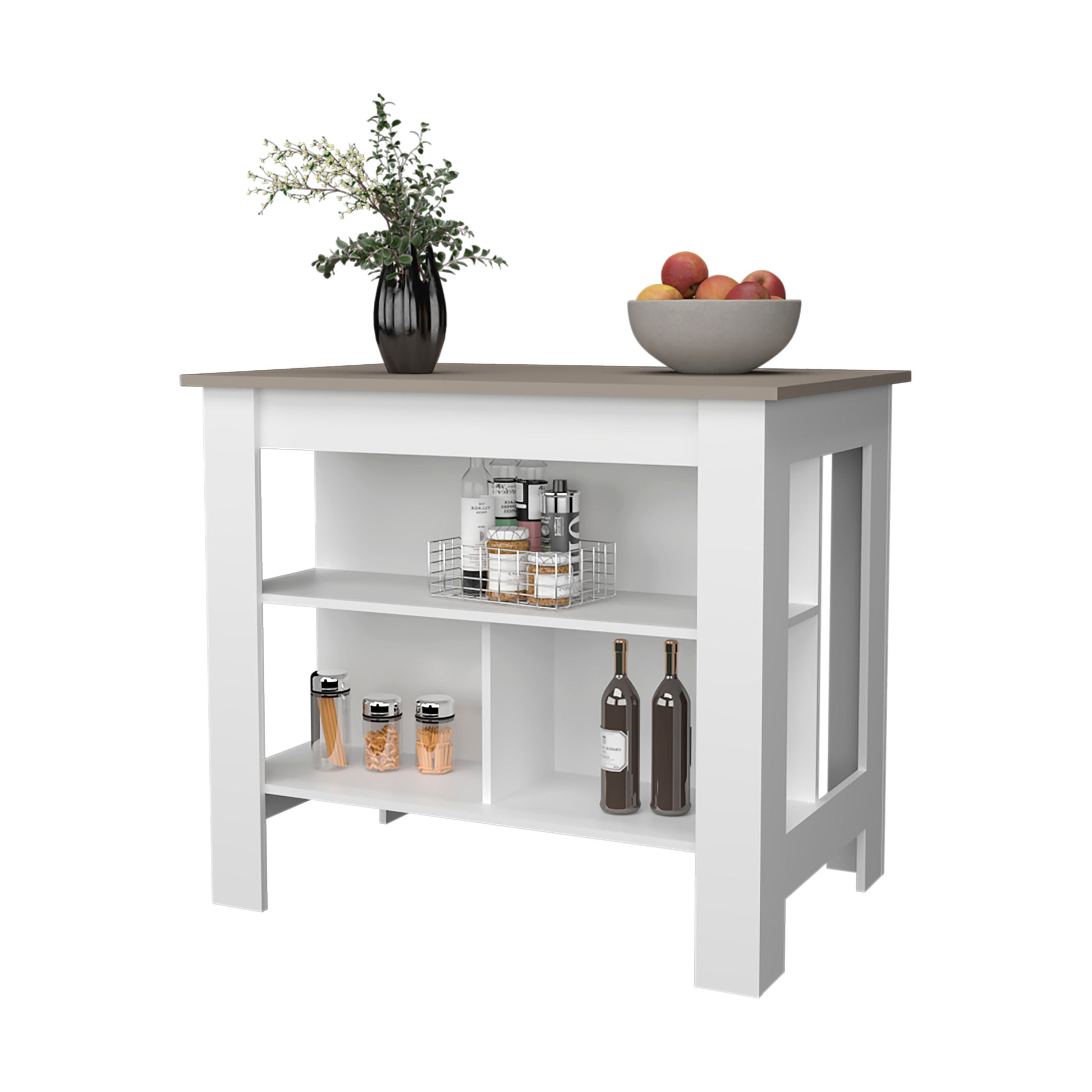 Aztec Kitchen Island In Melamine With Open Storage, Taupe White Multi Kitchen Modern Rectangular Stationary Kitchen Islands Particle Board Melamine Medium 40 55In