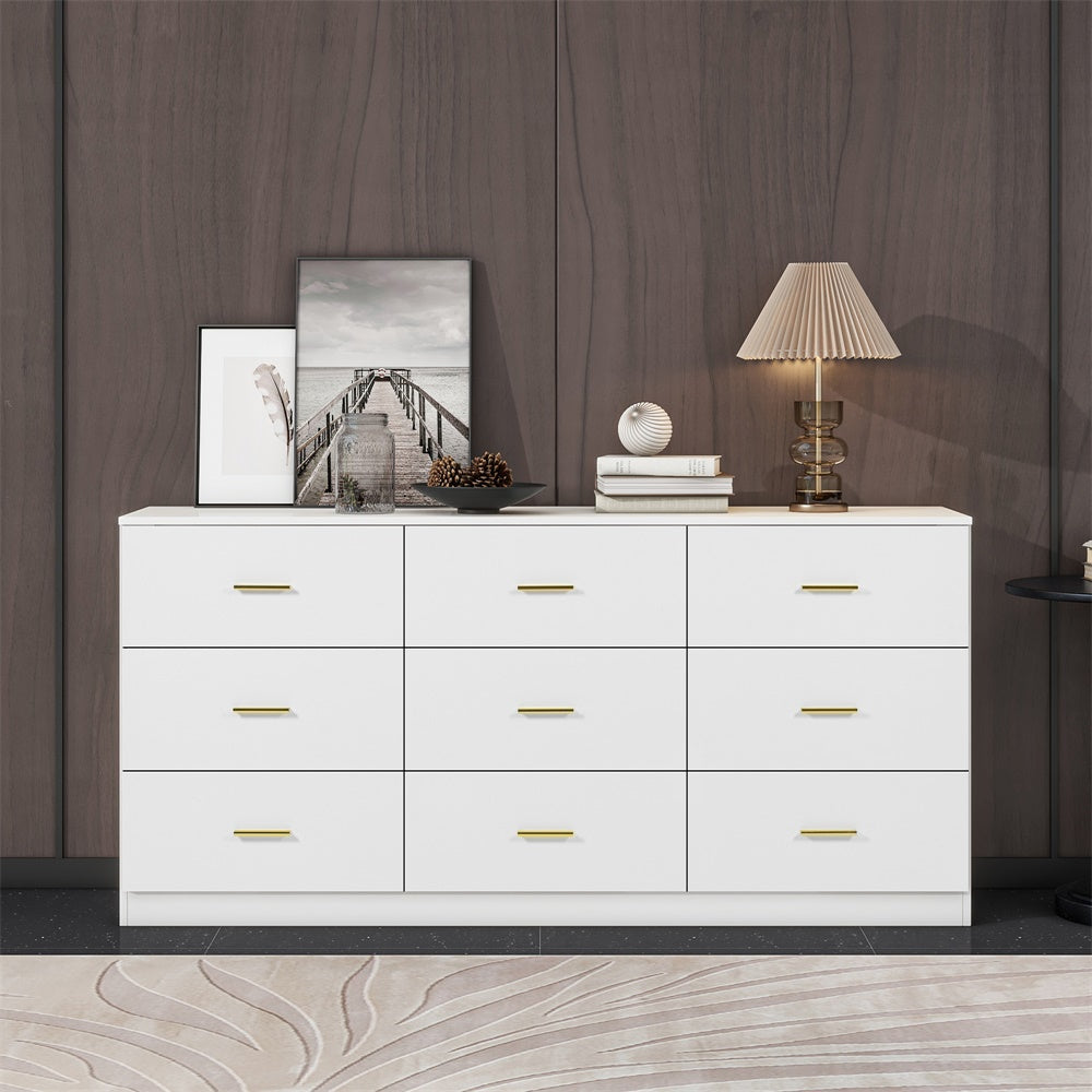 Modern White 9 Drawer Dresser For Bedroom Large Storage Wide Chest Of Drawers, Sturdy & Safe Chest 5 Or More Drawers Gloss Antique White White Primary Living Space Drawers Included American Design,Contemporary,Modern Melamine Engineered Wood