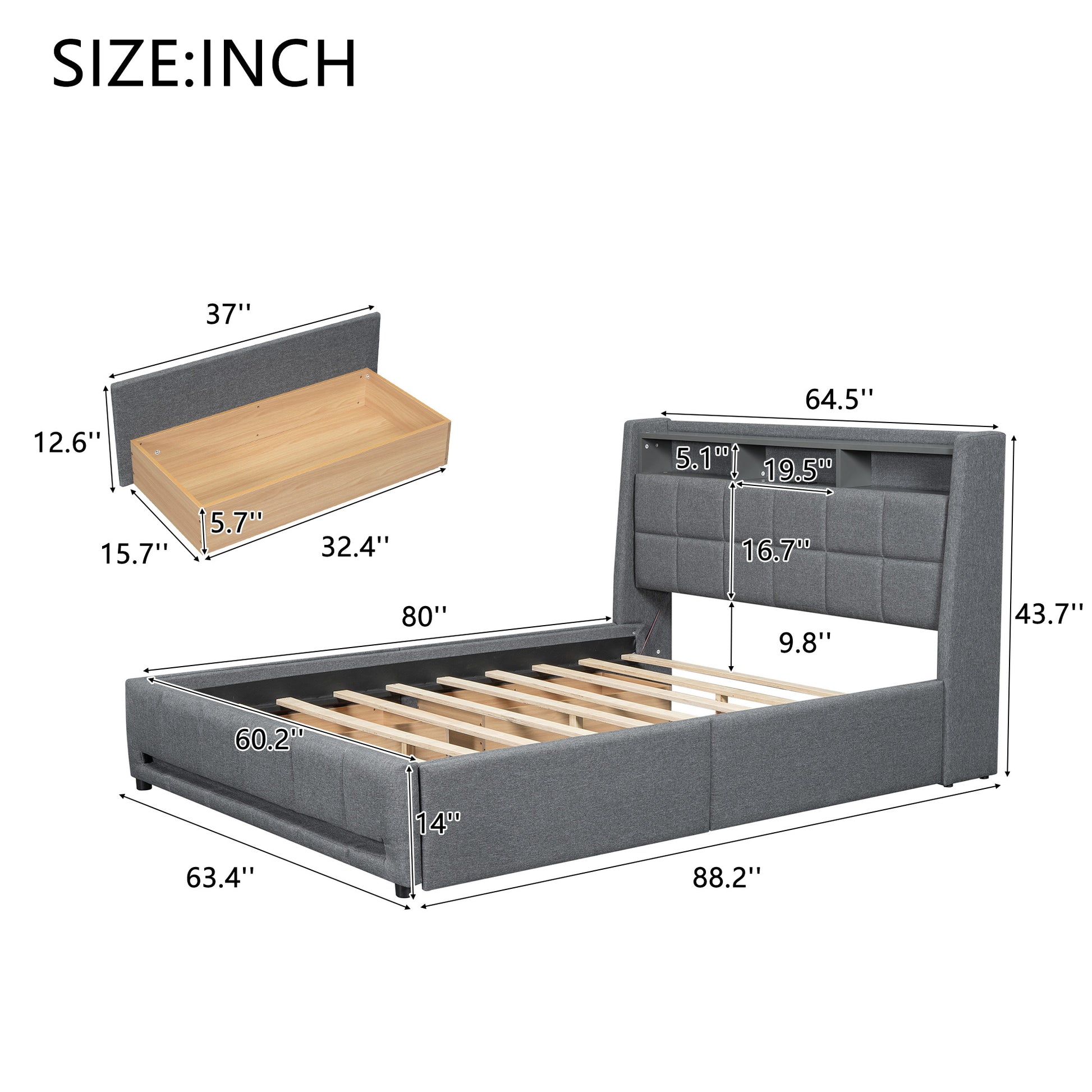 Queen Size Upholstered Platform Bed With Storage Headboard, Led, Usb Charging And 4 Drawers, Gray Queen Box Spring Not Required Gray Wood Linen Upholstered