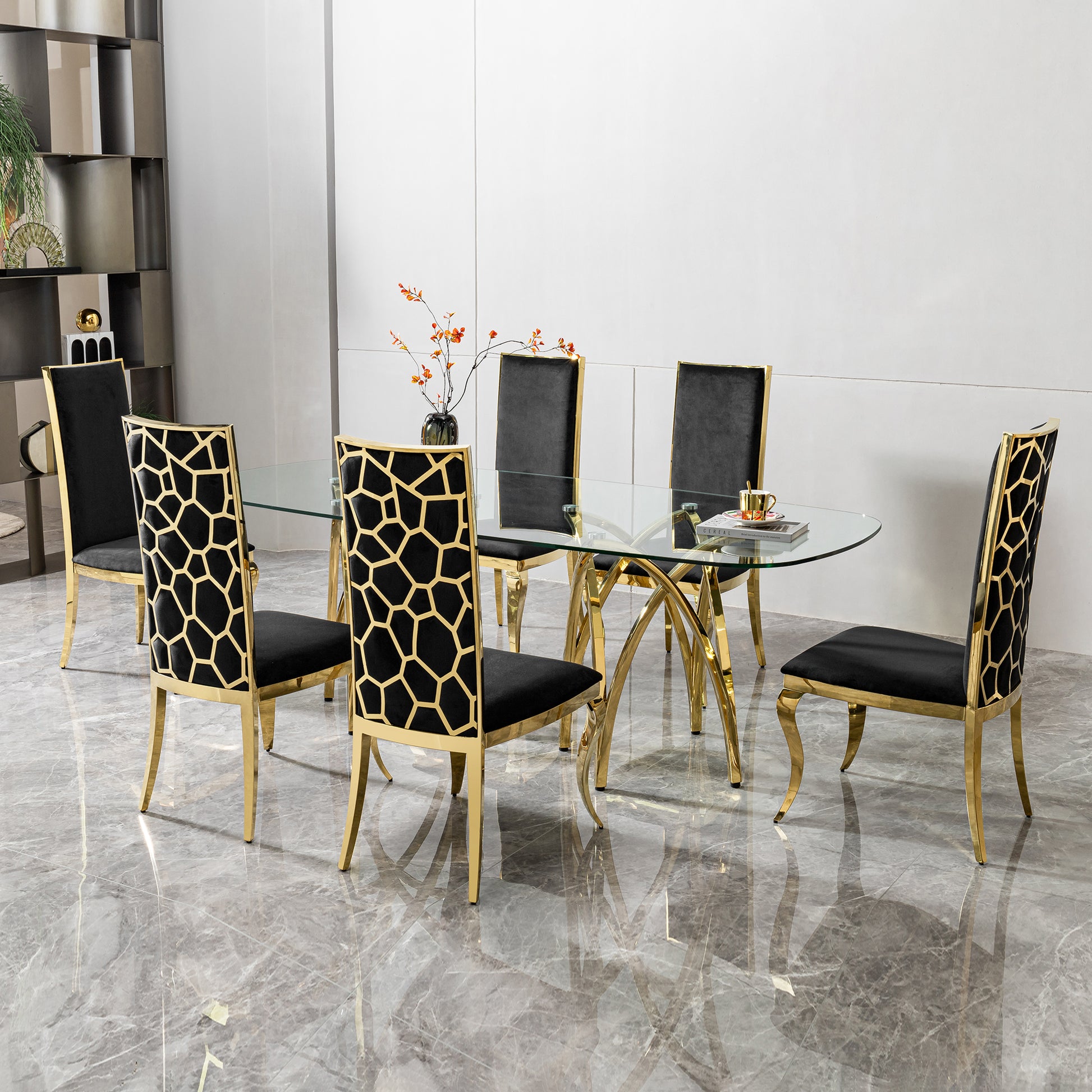 0.47" Thick Tempered Clear Glass Rectangular Big Dining Table With Gold Stainless Steel Base 86.61" L X 39.37" W X 29.92" H Gold Seats 8 Dining Room Modern Kitchen & Dining Tables Polished Oval Stainless Steel