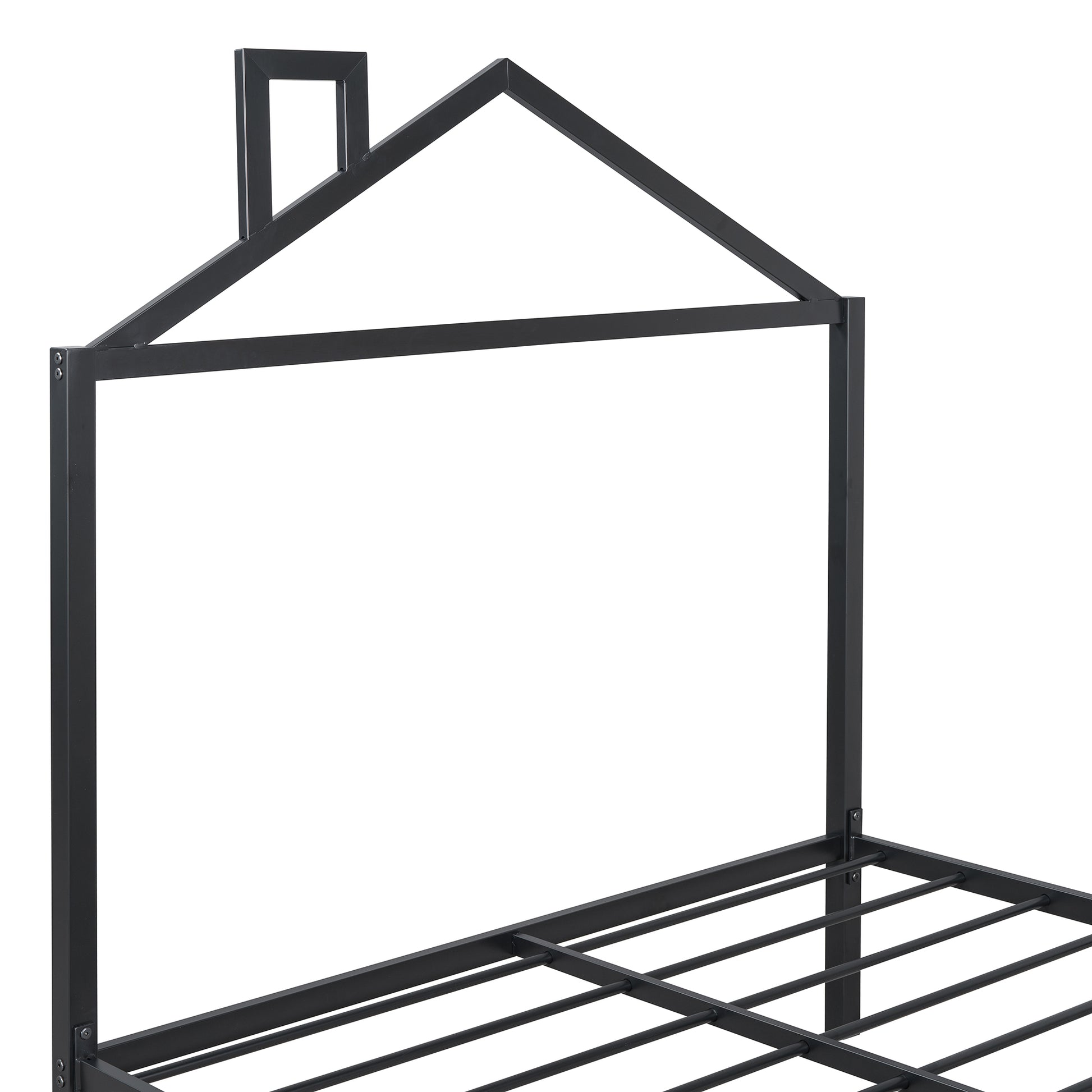 Full Size Metal Platform Bed With Twin Size Trundle,House Shaped Headboard Design, Black Full Black Metal