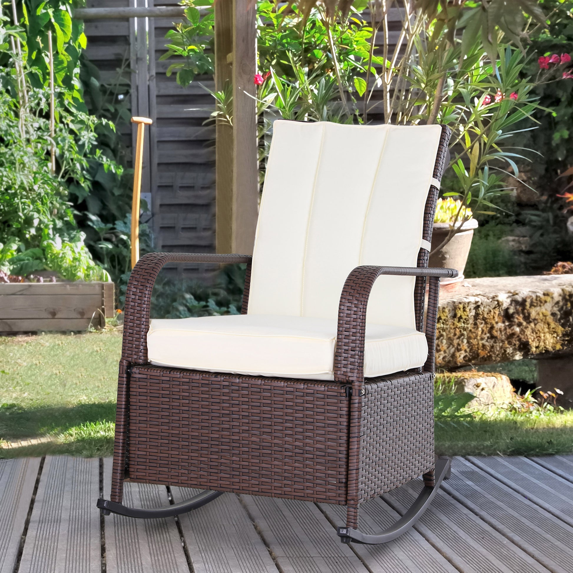 Outsunny Wicker Outdoor Rocking Chair, Patio Recliner With Adjustment Backrest, Pe Rattan Lounge Chair With Adjustable Footrest And Cushions For Garden, Backyard, Porch, Beige Brown Steel