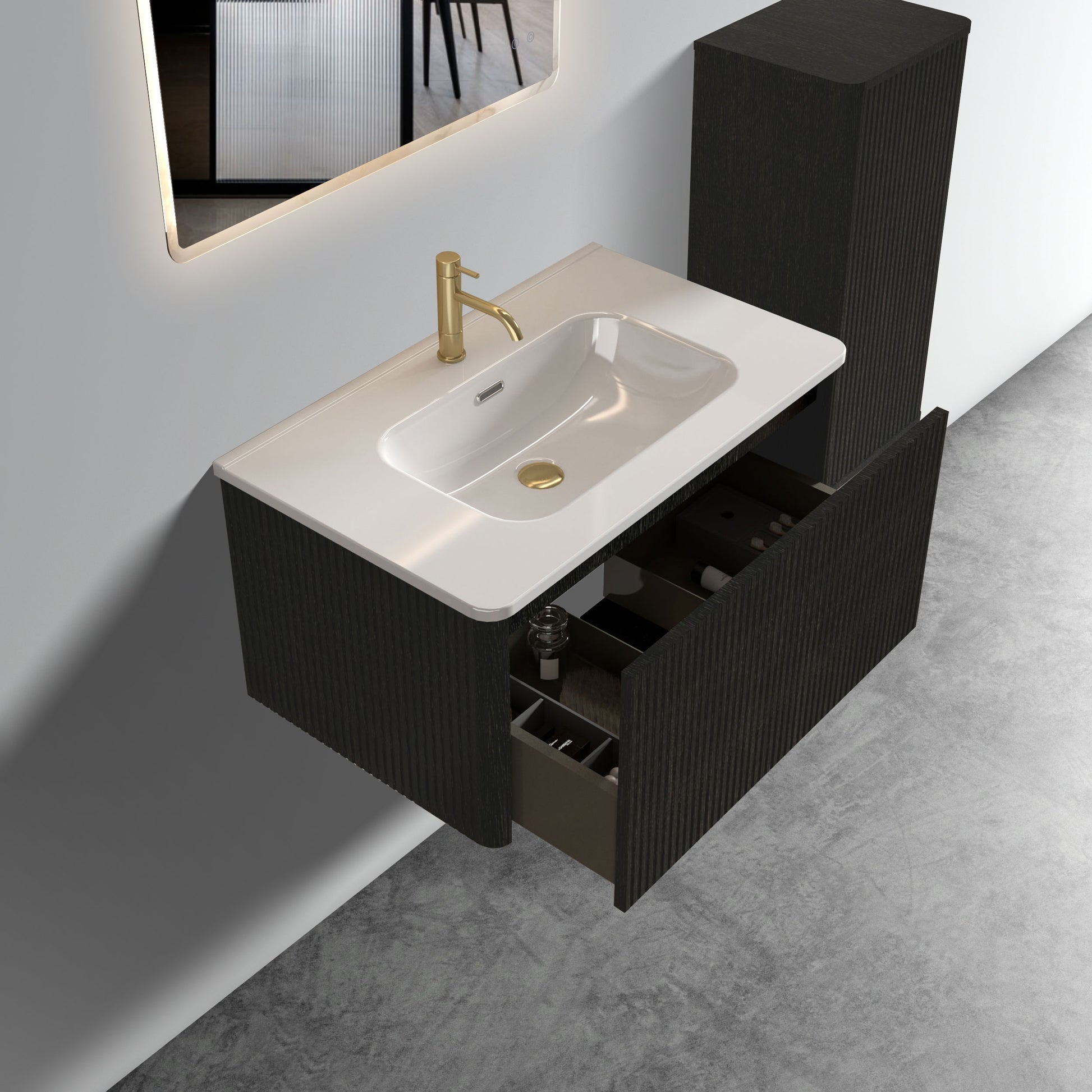 U057 Etna30W 308 Etna 30" Striped Brushed Black Oak Floating Bathroom Vanity With White Ceramic Sink, Bathroom Vanity For Modern Bathroom, One Piece White Basin Without Drain, Pre Assembled Black