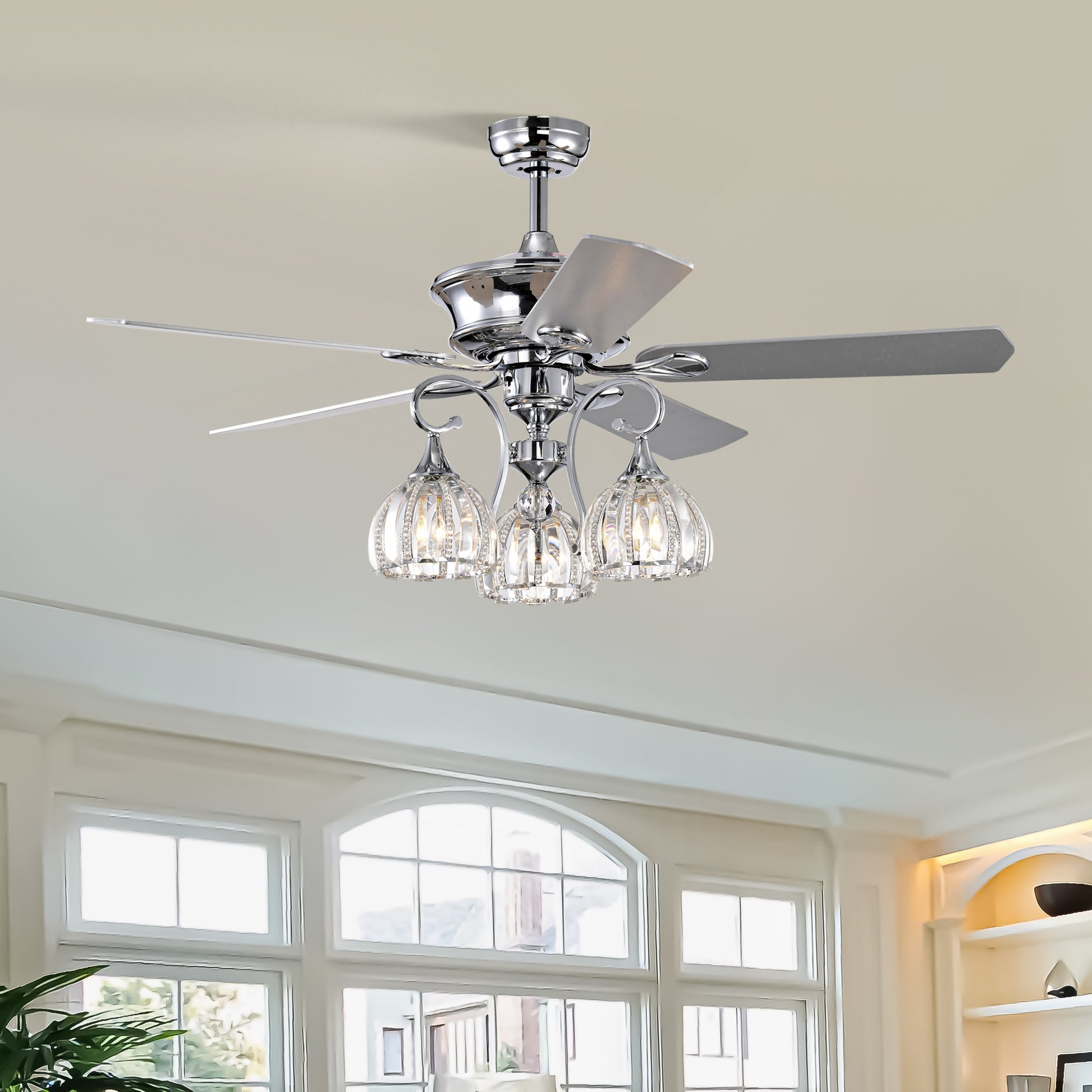 52'' Crystal Ceiling Fan Lamp With Remote Control 3 Speed High, Mid, Low , 5 Reversible Blades For Living Room, Dining Room, Bedroom, Family Room, Chrome ,3Pcs*E26 No Include Bulb Chrome American Traditional,Antique,Classic,Contemporary Plywood Metal