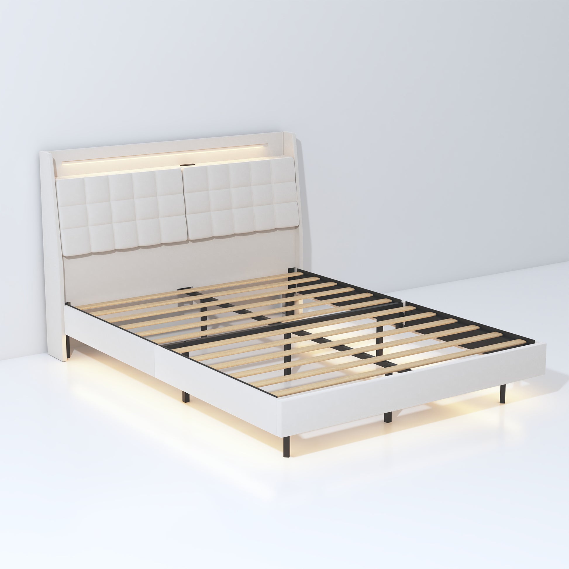 Queen Floating Bed Frame With Led Light And Charging Station Upholstered Platform Bed Frame Queen Size With Headboard And Hidden Storage Space, No Box Spring Needed, Beige Box Spring Not Required Queen Beige Metal Bedroom Bed Frame Velvet Velvet