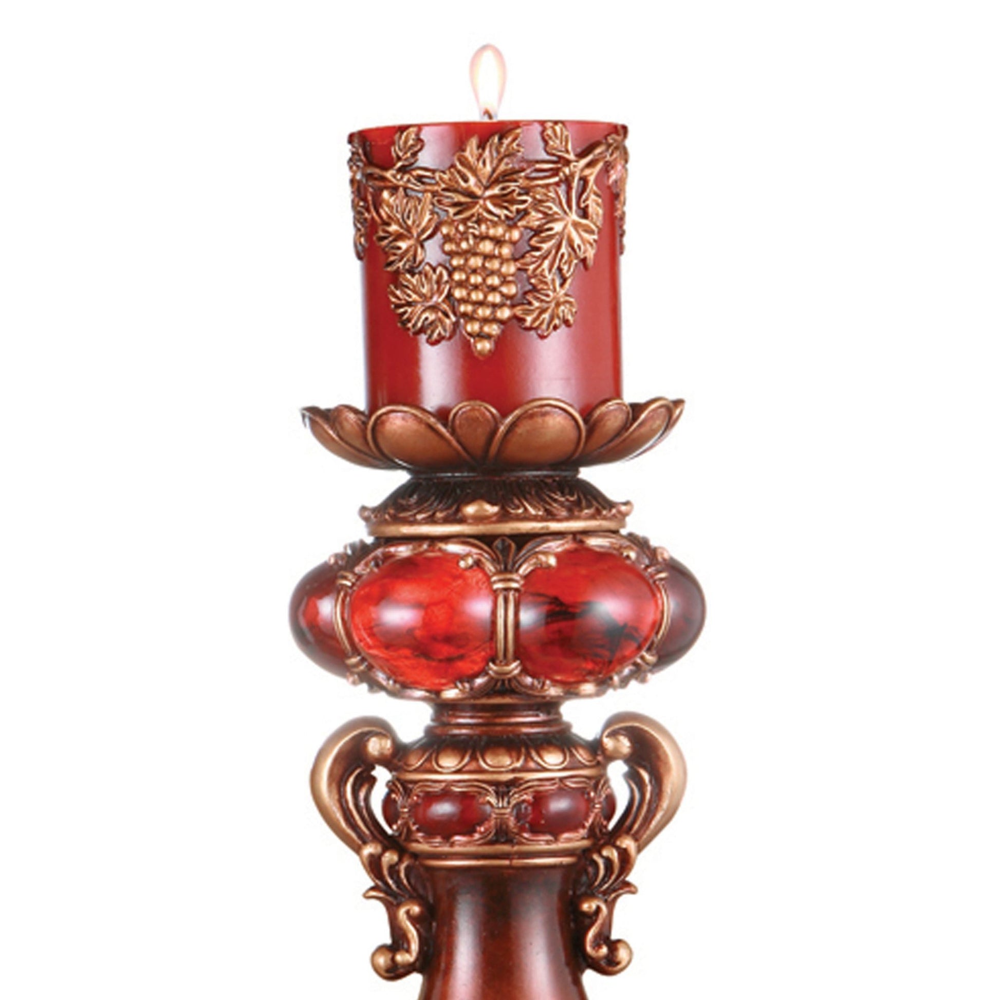 16" Tall Polyresin Candleholder With Red And Brown Finish Multicolor Polyresin