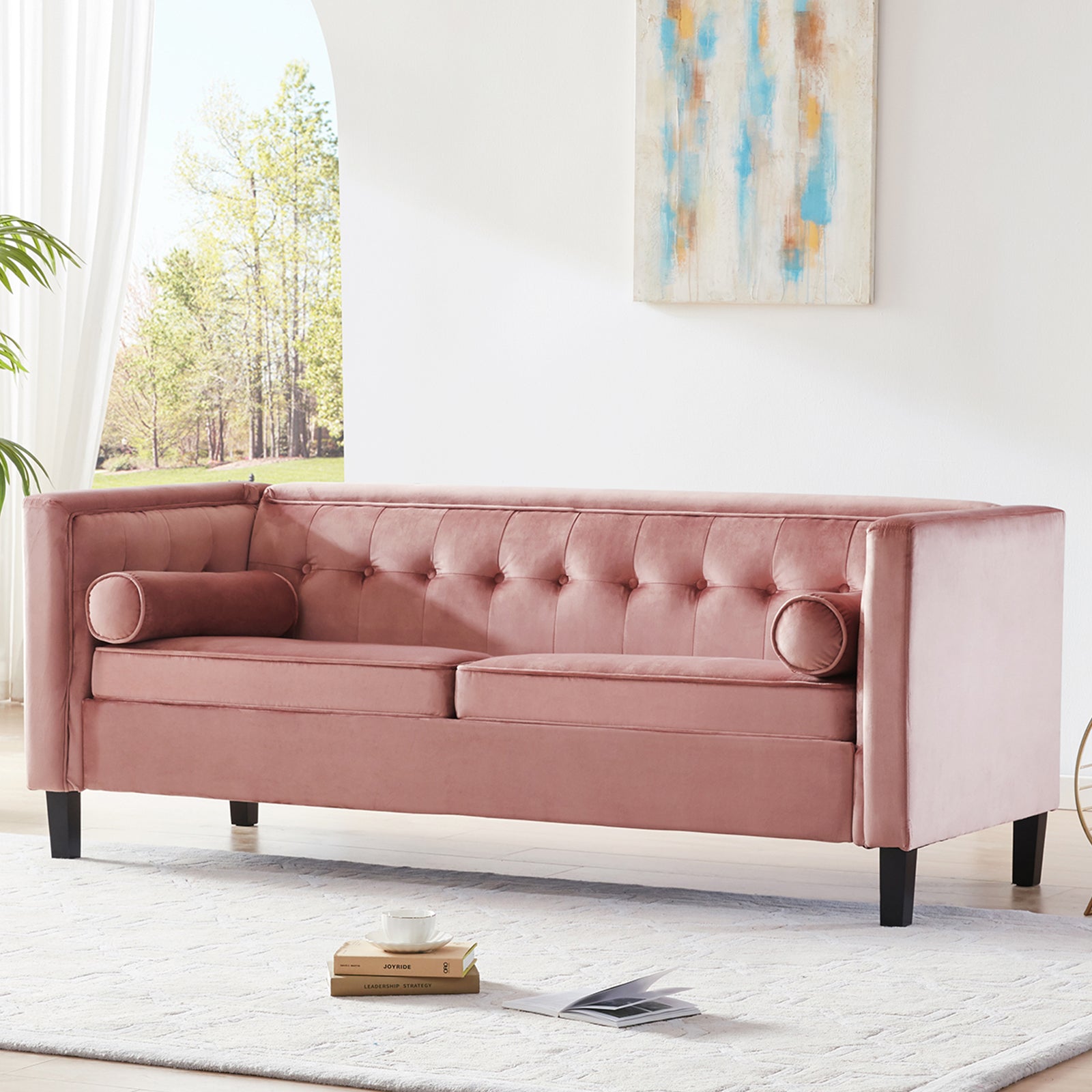 Mid Century Velvet Sofa, Beautiful Seats Sofa Furniture With Bolster Pillows, Button Tufted Couch For Living Room, Tool Free Assembly, Pink Gray Wood Primary Living Space Heavy Duty Acacia 2 Seat