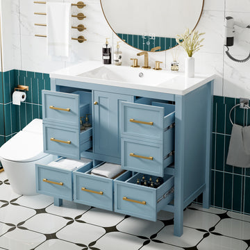 36'' Bathroom Vanity With Resin Sink Combo, Solid Wood Frame Bathroom Storage Cabinet, Freestanding Vanity Set With 5 Drawers& Soft Closing Doors Same As N710S136002M Blue Bathroom Solid Wood Mdf Resin
