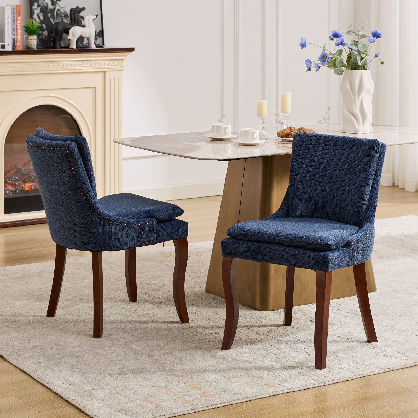 Modern Dining Chairs Set Of 2,Double Layer Cushioned Chenille Fabric Upholstered Accent Side Leisure Chairs With Mid Back And Curved Solid Wood Legs For Living Room Dining Room Blue Blue Dining Room American Design Dining Chairs Rubberwood Set Of 2 Foam