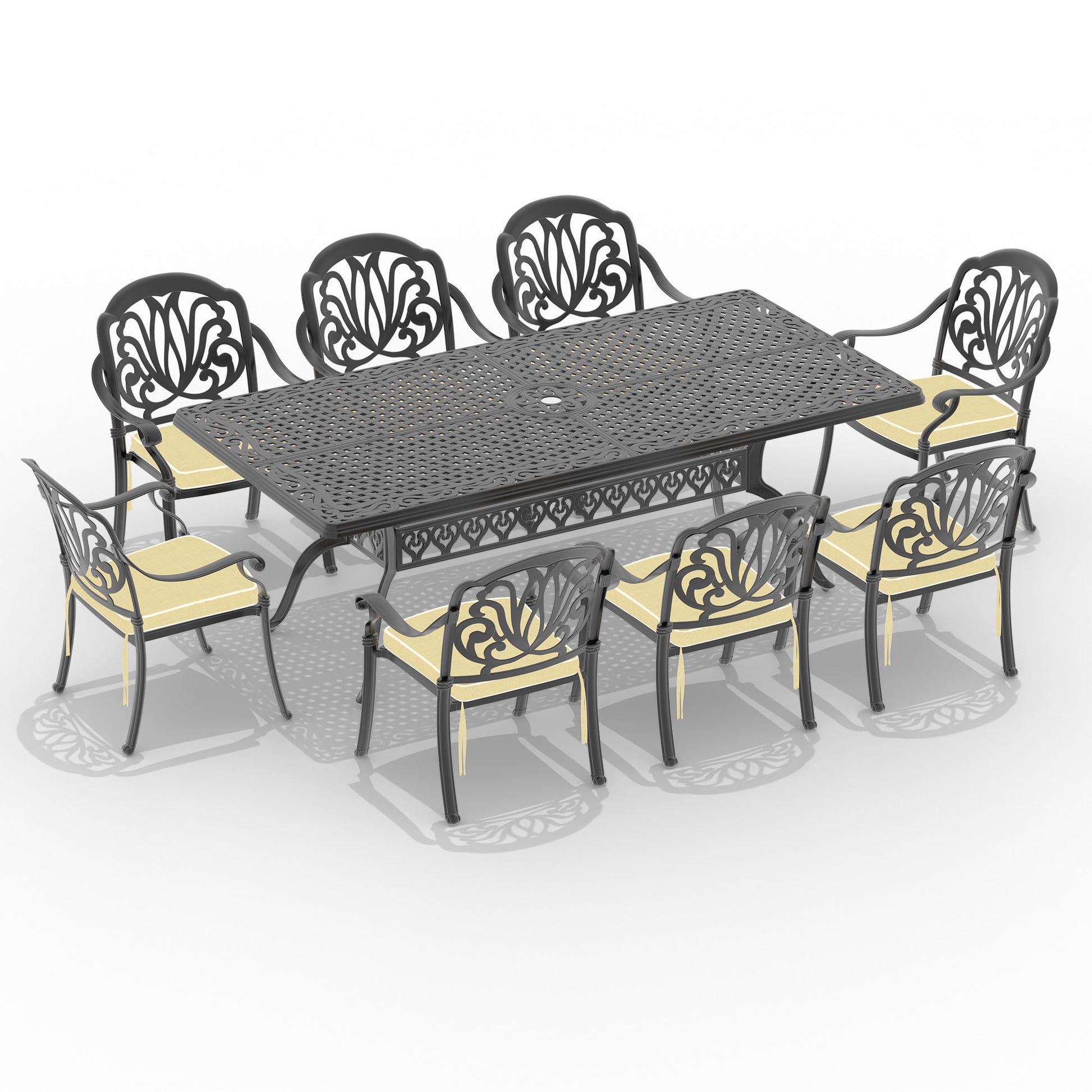 Cushions In Random Colors 9 Piece Set Of Cast Aluminum Patio Furniture With Cushions Yes Dining Set Black Seats 8 Rust Resistant Frame Water Resistant Cushion Garden & Outdoor Complete Patio Sets Aluminium