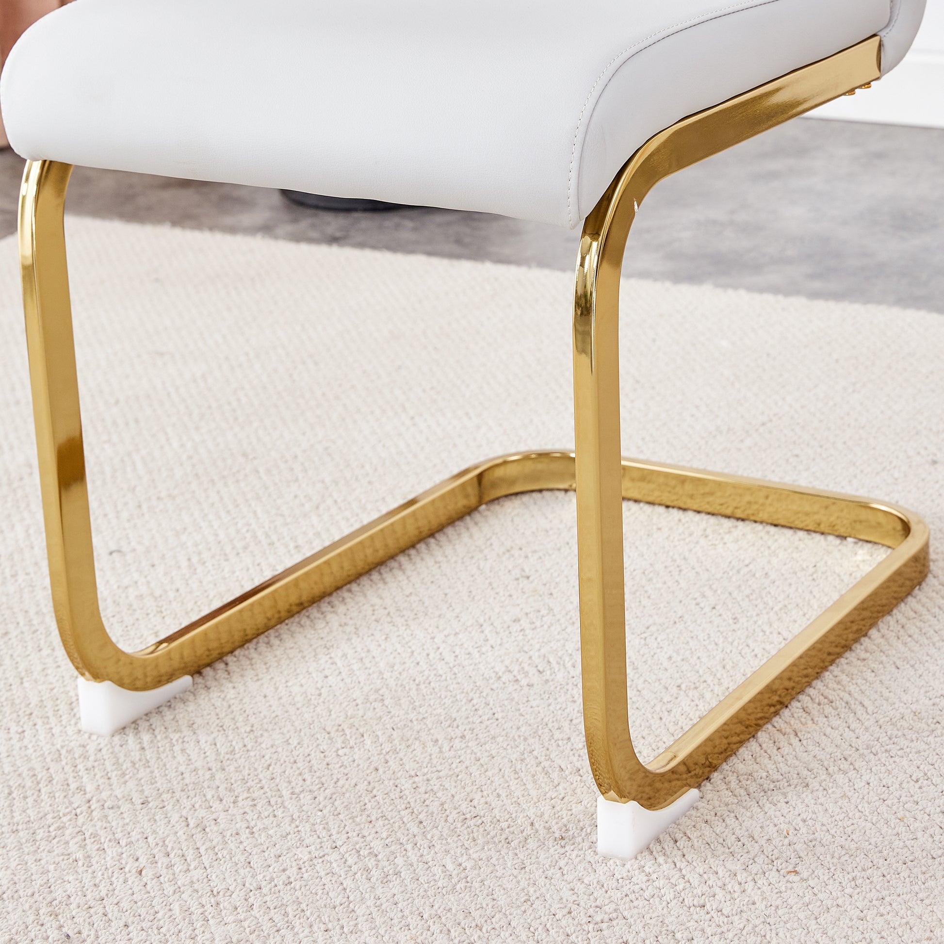 Table And Chair Set.Large Modern Rectangular Table With 0.4 Inch Patterned Glass Tabletop And Large Mdf Table Legs.Comes With 8 Chairs With Faux Leather Cushioned Seats And Golden Metal Legs. Gold White Seats 8 Mdf Glass