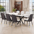 1 Table And 8 Chairs. A Rectangular Dining Table With A White Imitation Marble Tabletop And Black Metal Legs. Paired With 8 Chairs, Equipped With Pu Leather Seat Cushions And Black Metal Legs. F 1538 Black Glass Metal