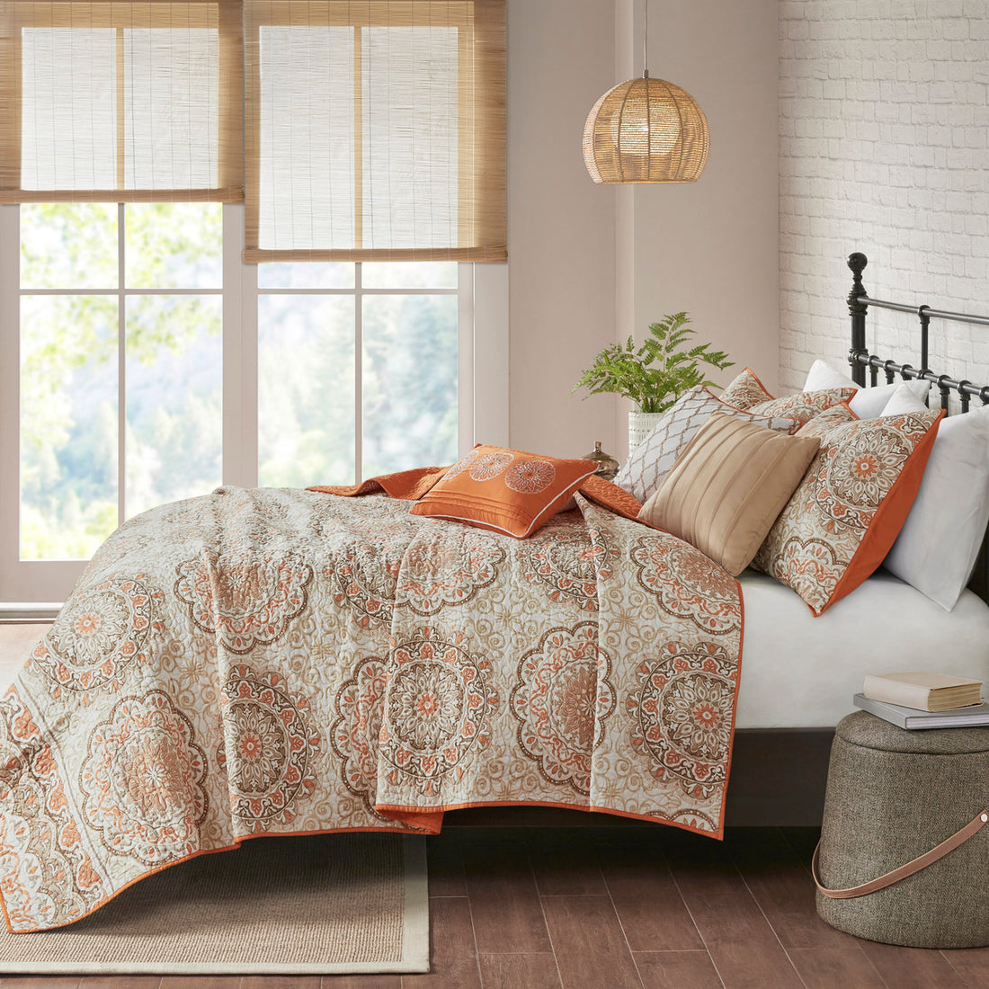 6 Piece Reversible Quilt Set With Throw Pillows Orange Full Queen Orange Cotton