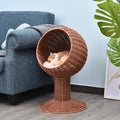 Pawhut Elevated Cat Bed With Rotatable Egg Chair Pod, Cat Basket Bed With Thick Cushion, Natural Mat Grass Woven Kitty House, Brown Brown Rattan