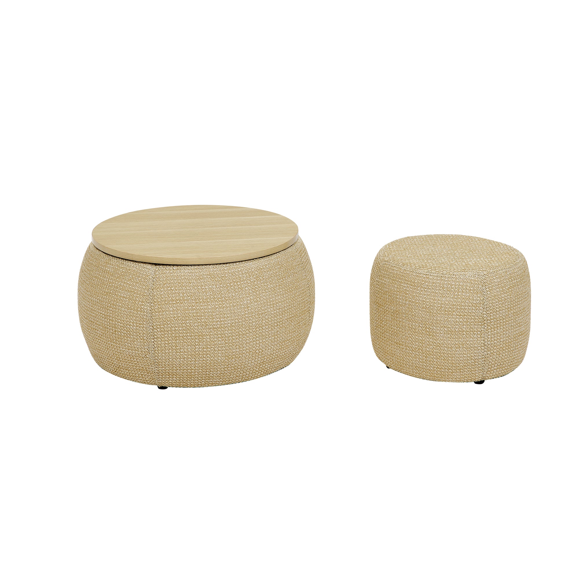 Round Storage Ottoman, Woven Rattan Fabric Ottoman, 2 In 1 Function, Work As End Table And Ottoman,With Small Seat Nature 25"X25"X14.7" Natural Foam