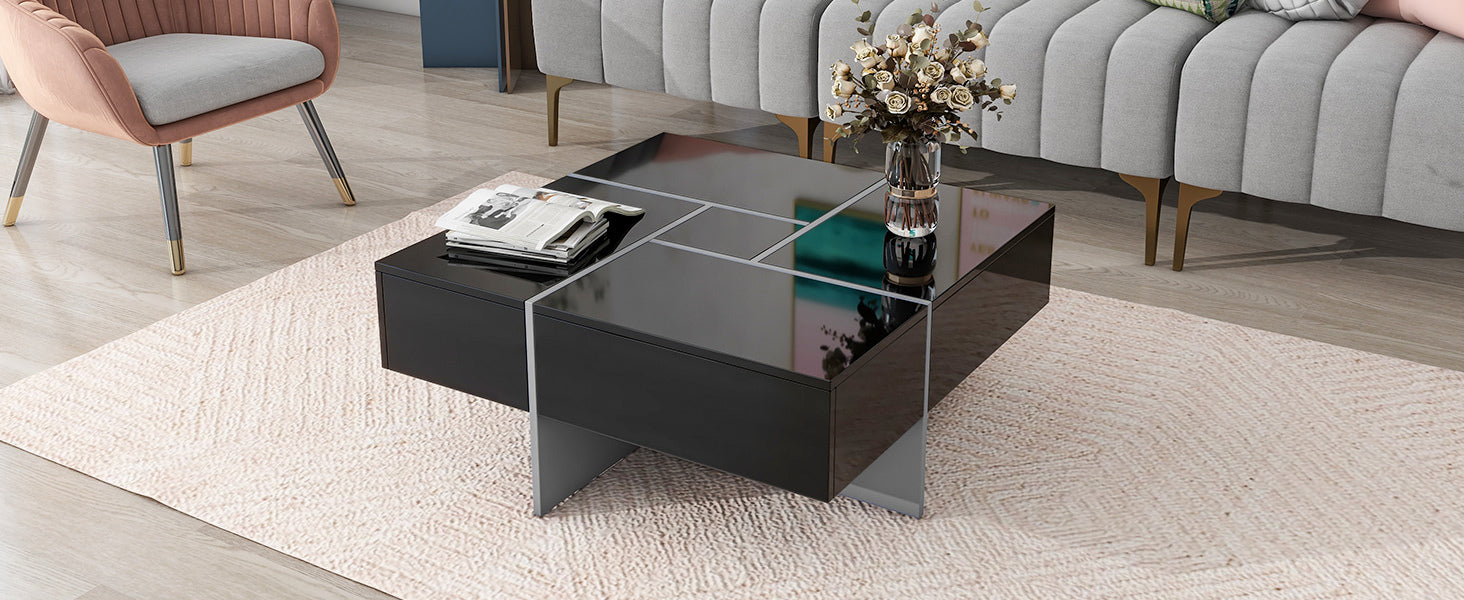 Unique Design Coffee Table With 4 Hidden Storage Compartments, Square Cocktail Table With Extendable Sliding Tabletop, Uv High Gloss Design Center Table For Living Room, 31.5"X 31.5" Black Soft Close Drawers Primary Living Space Freestanding Square