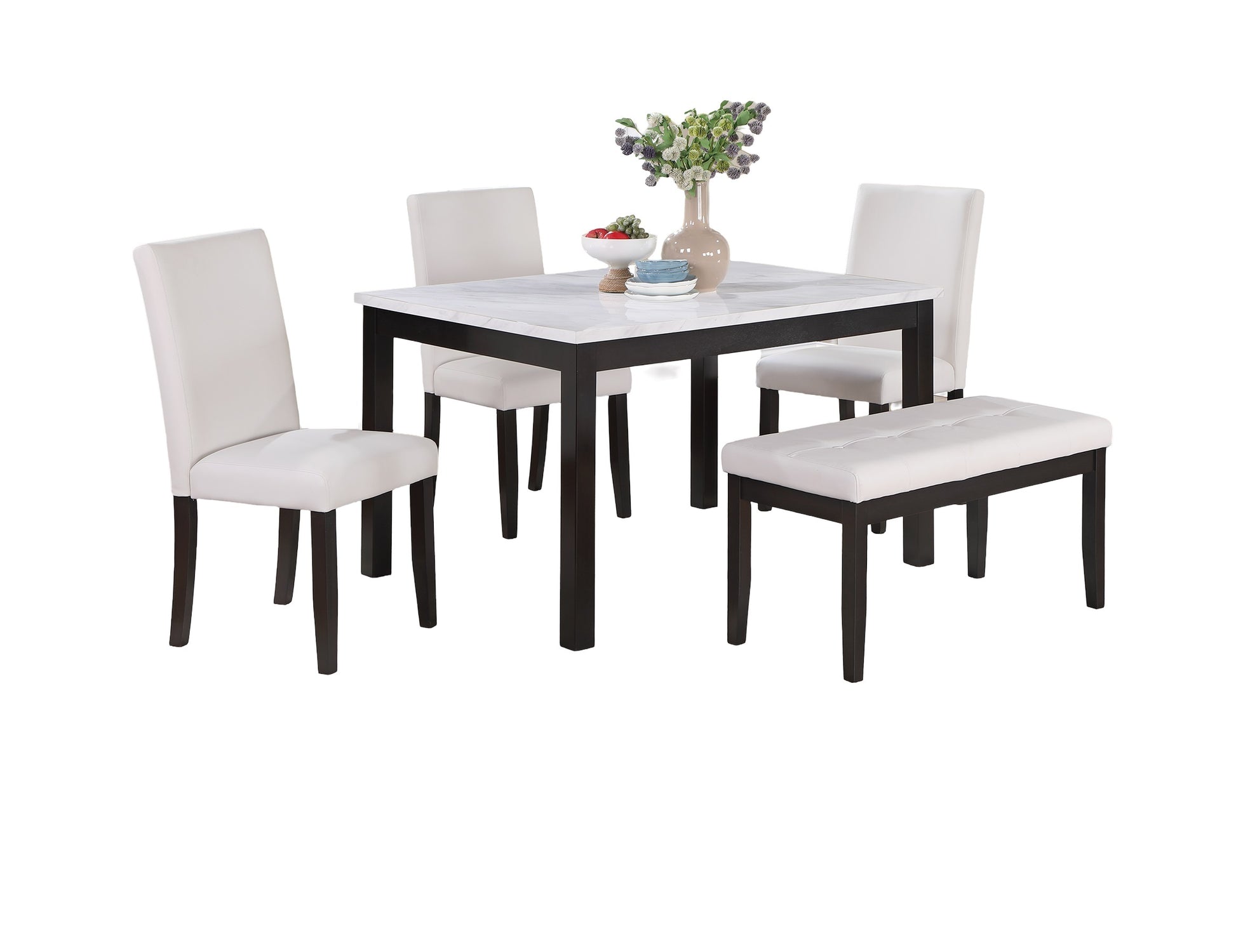 Classic Stylish 5Pc Dining Set Kitchen Dinette Faux Marble Top Table Bench And 3X Chairs White Faux Leather Cushions Seats Dining Room Upholstered Chair White Solid Back Seats 4 Wood Dining Room 48 Inches Contemporary,Modern,Transitional 4 Leg