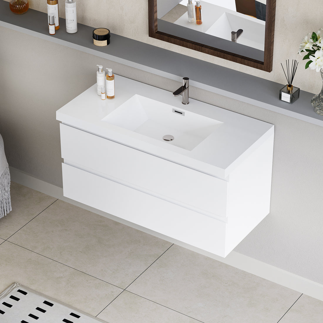 42" Floating Bathroom Vanity With Sink, Modern Wall Mounted Bathroom Storage Vanity Cabinet With Resin Top Basin And Soft Close Drawers, Glossy White 24V11 42Gw 2 White Bathroom Wall Mounted Mdf