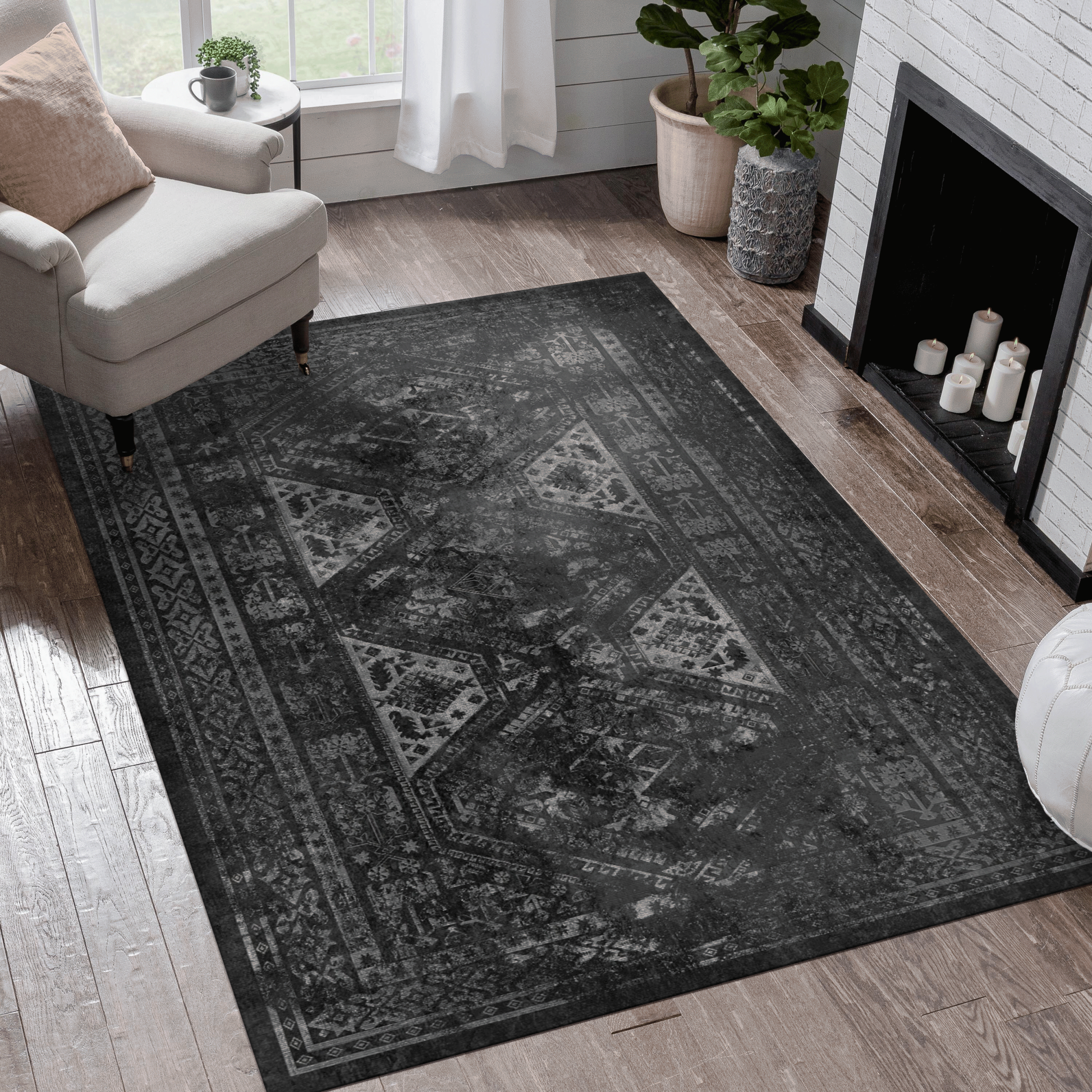 6X9 Area Rugs, Washable Rug, Low Pile, Non Slip, Non Shedding, Foldable, Kid & Pet Friendly Area Rugs For Living Room, Bedroom, Kitchen, Dining Room Rug Perfect Gifts, Black Gray, 6' X 9' Black Gray Chenille Polyester