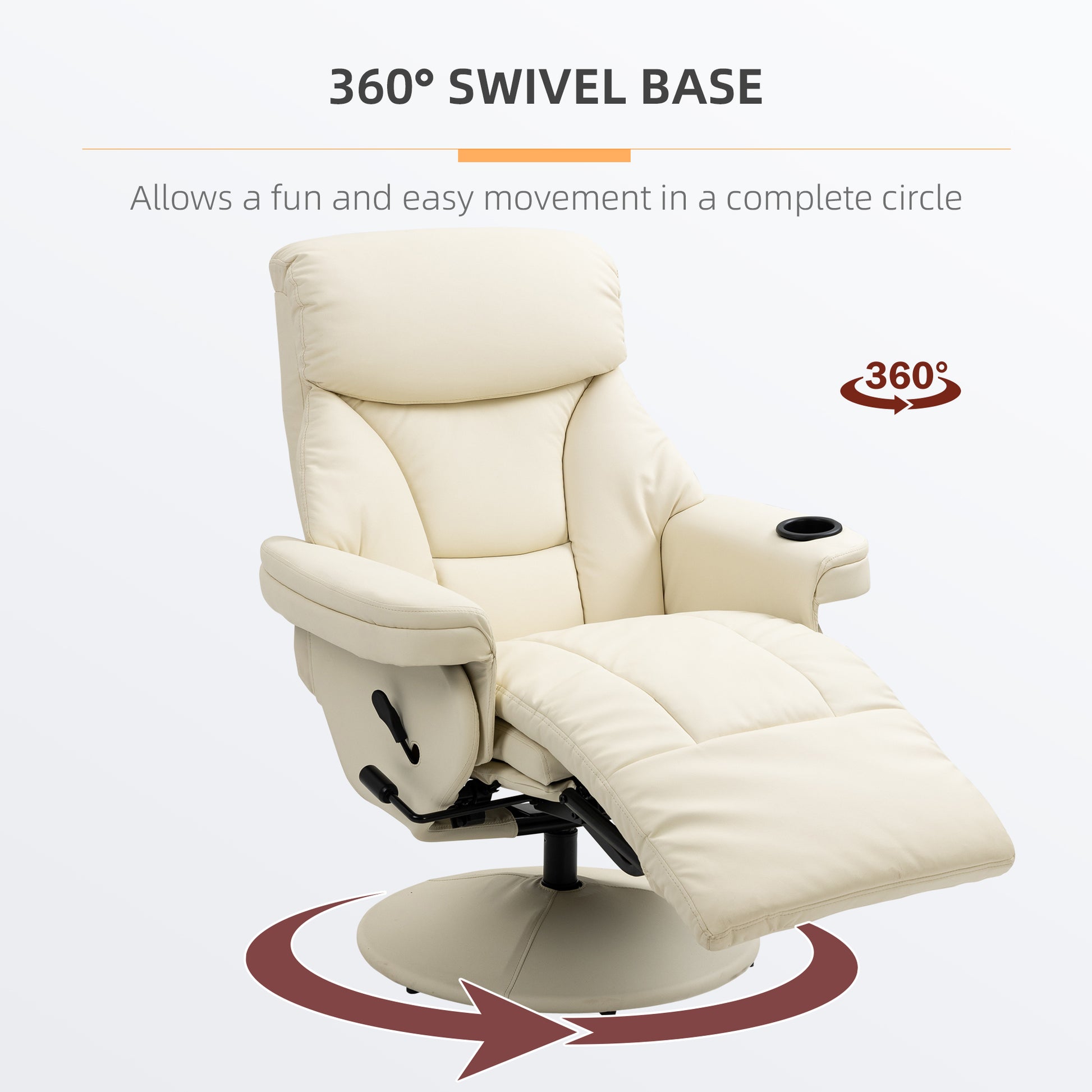 Homcom Manual Recliner, Swivel Lounge Armchair With Side Pocket, Footrest And Cup Holder For Living Room, Cream White Cream White Pu Leather