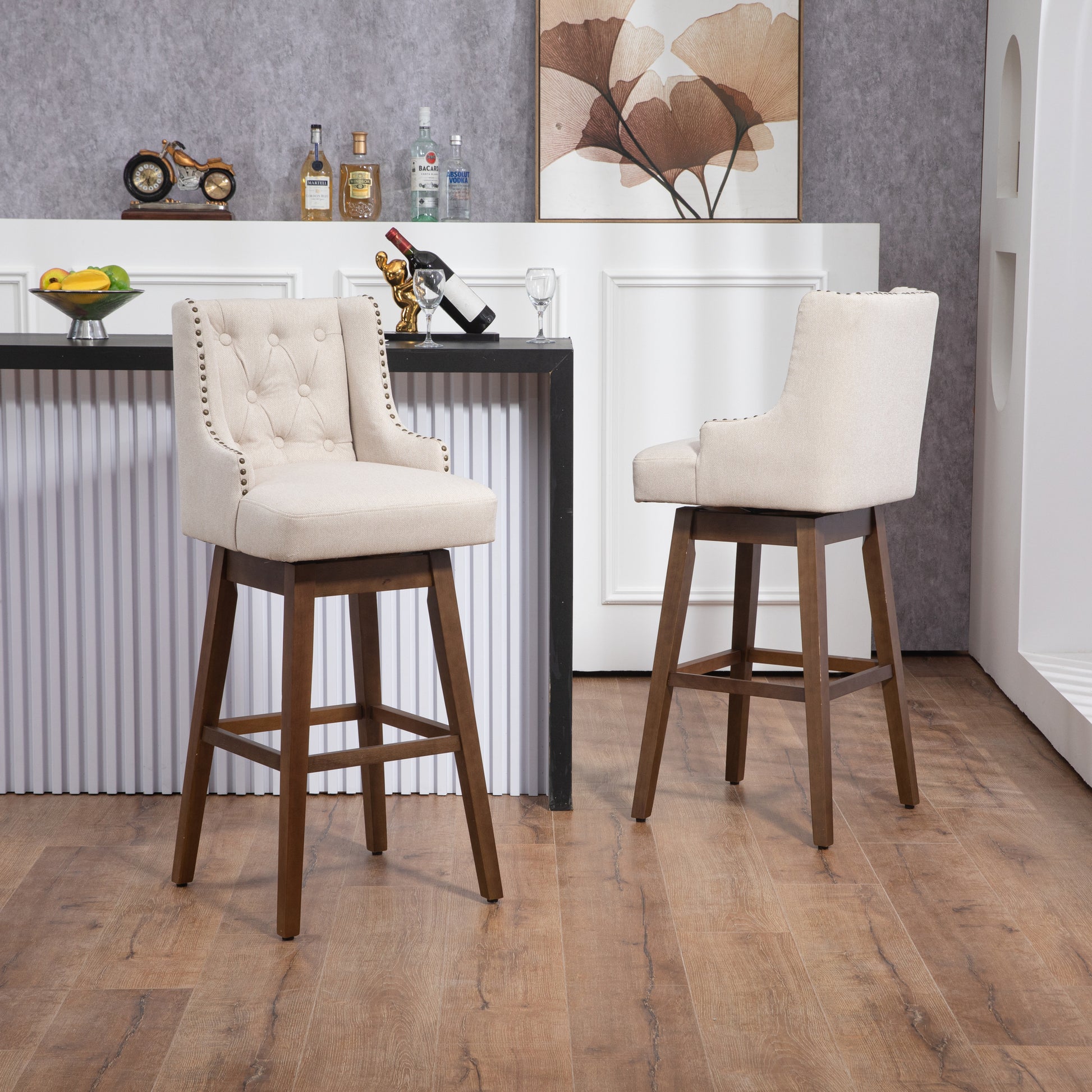 Coolmore Bar Stools Set Of 2 Counter Height Chairs With Footrest For Kitchen, Dining Room And 360 Degree Solid Wood Legs Swivel Bar Stools Set Of 2 Beige Linen Beige Foam Linen