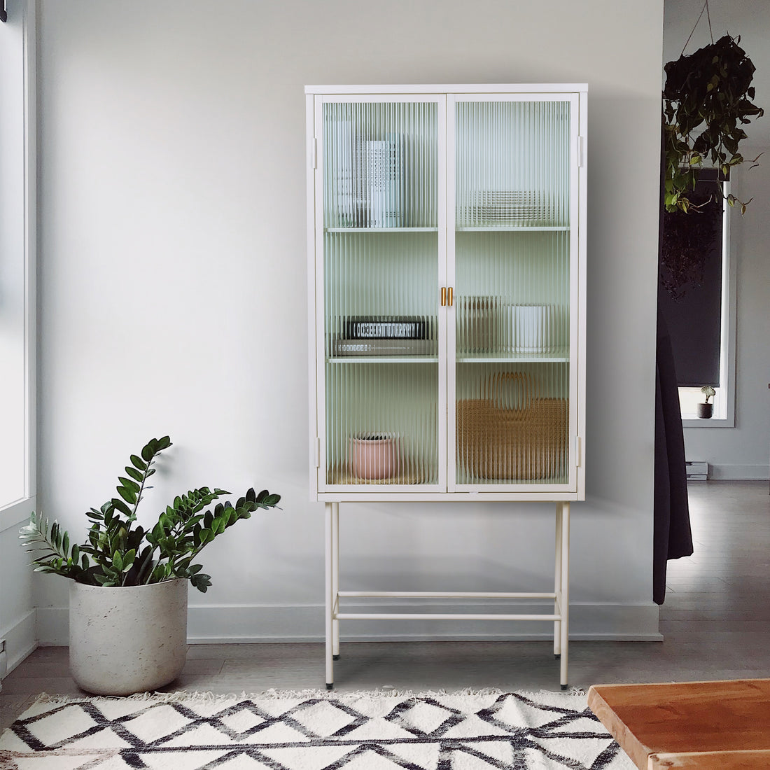 White Tall Freestanding Display Cupboard Stylish Fluted Glass Storage Cabinet With Glass Doors Three Detachable Shelves Bottom Space For Office Dining Room Living Room Bedside Old Sku:W68743735 White Steel