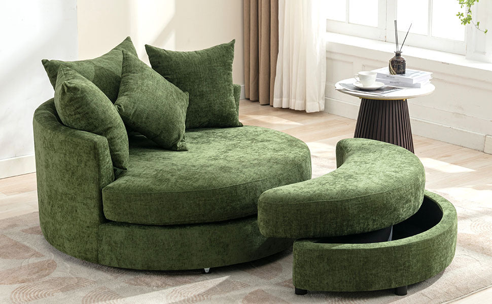 Orisfur. 360 Swivel Accent Barrel Chair With Storage Ottoman & 4 Pillows, Modern Chenille Leisure Chair Round Accent For Living Room, Green Green Foam Chenille