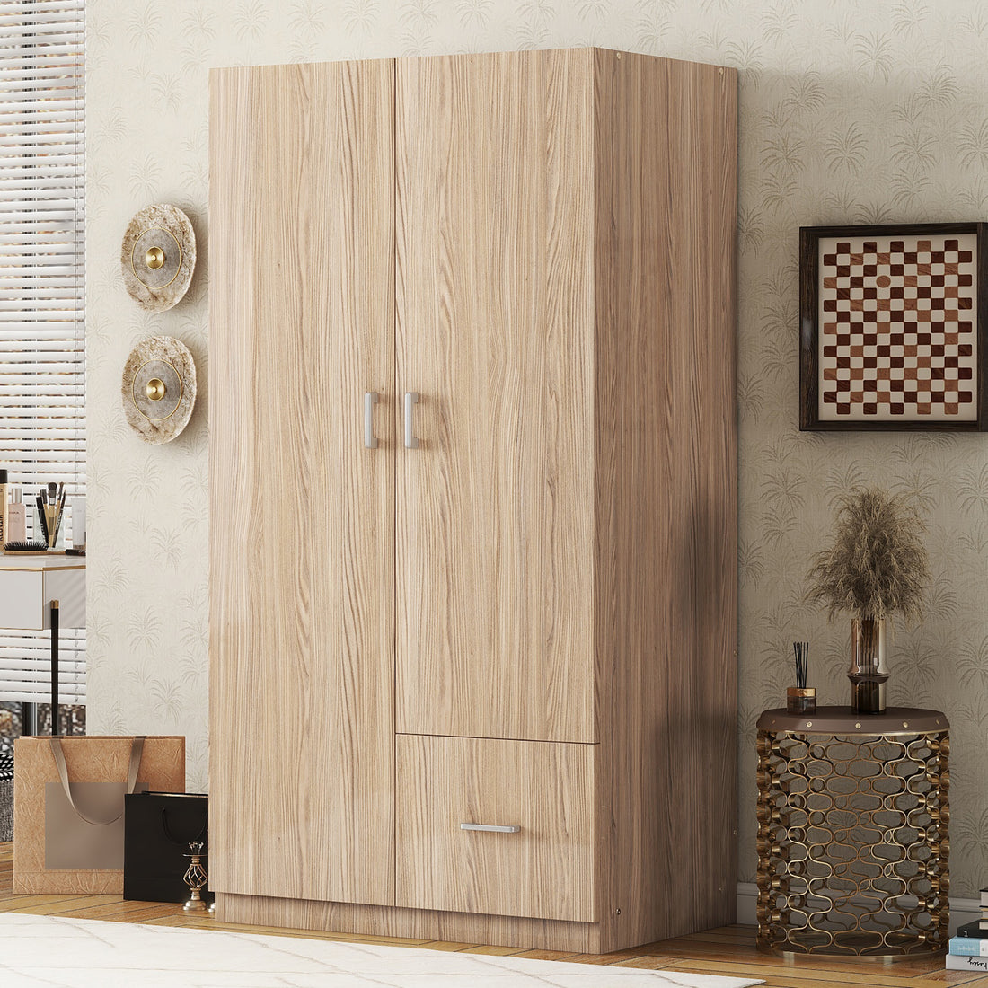 Wooden Wardrobe With Double Doors, Armoire With Hanging Rod, 5 Fixed Shelves, One Storage Drawer,Natural Natural Wood Particle Board