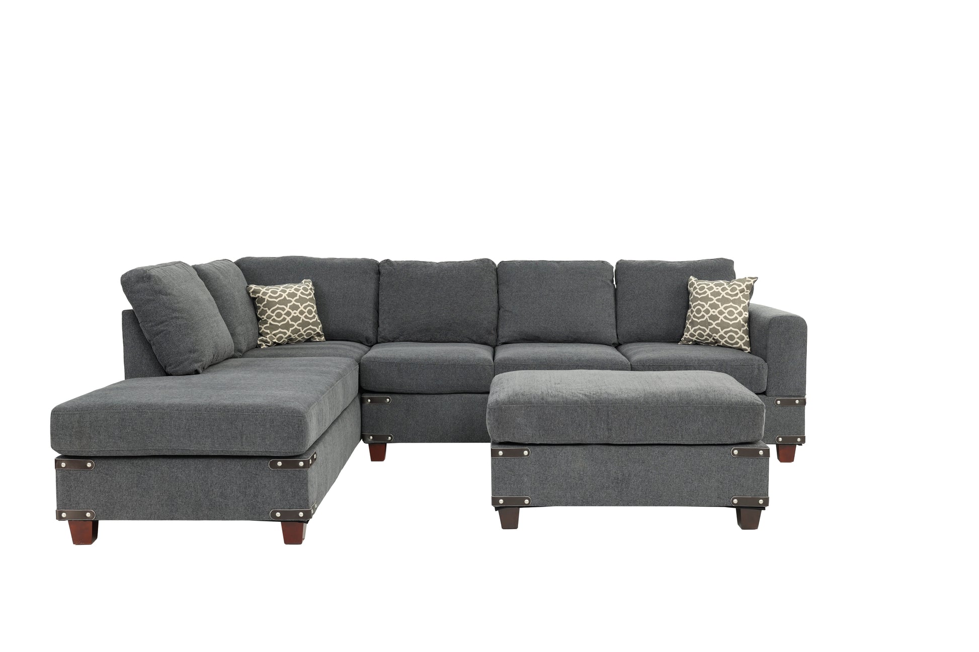 Living Room Furniture Charcoal Chenille Sectional W Ottoman Linen Like Fabric Sofa Reversible L R Chaise Ottoman 3Pc Sectional Sofa Charcoal Chenille Wood Primary Living Space Cushion Back
