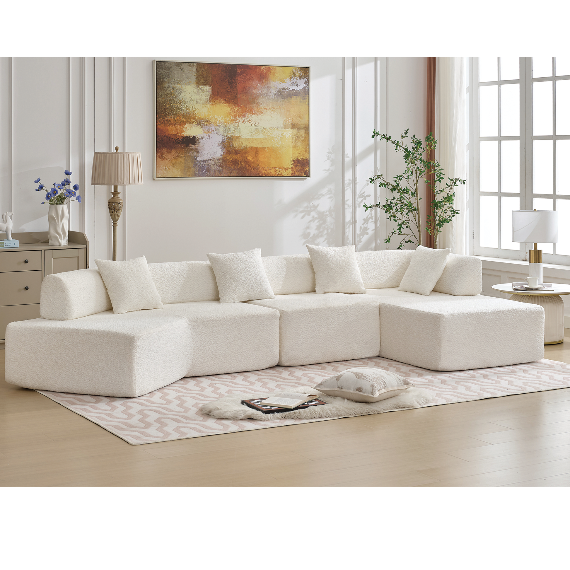 Arrived Modern Minimalist 140" L Shape Couch ,No Assembly Required,Boucle,Modular Sofa ,Couch With Chaise,Free Combination Foam Filled Sofa, 4 Seats,White White Polyester Primary Living Space Soft Modern Foam Polyester 4 Seat