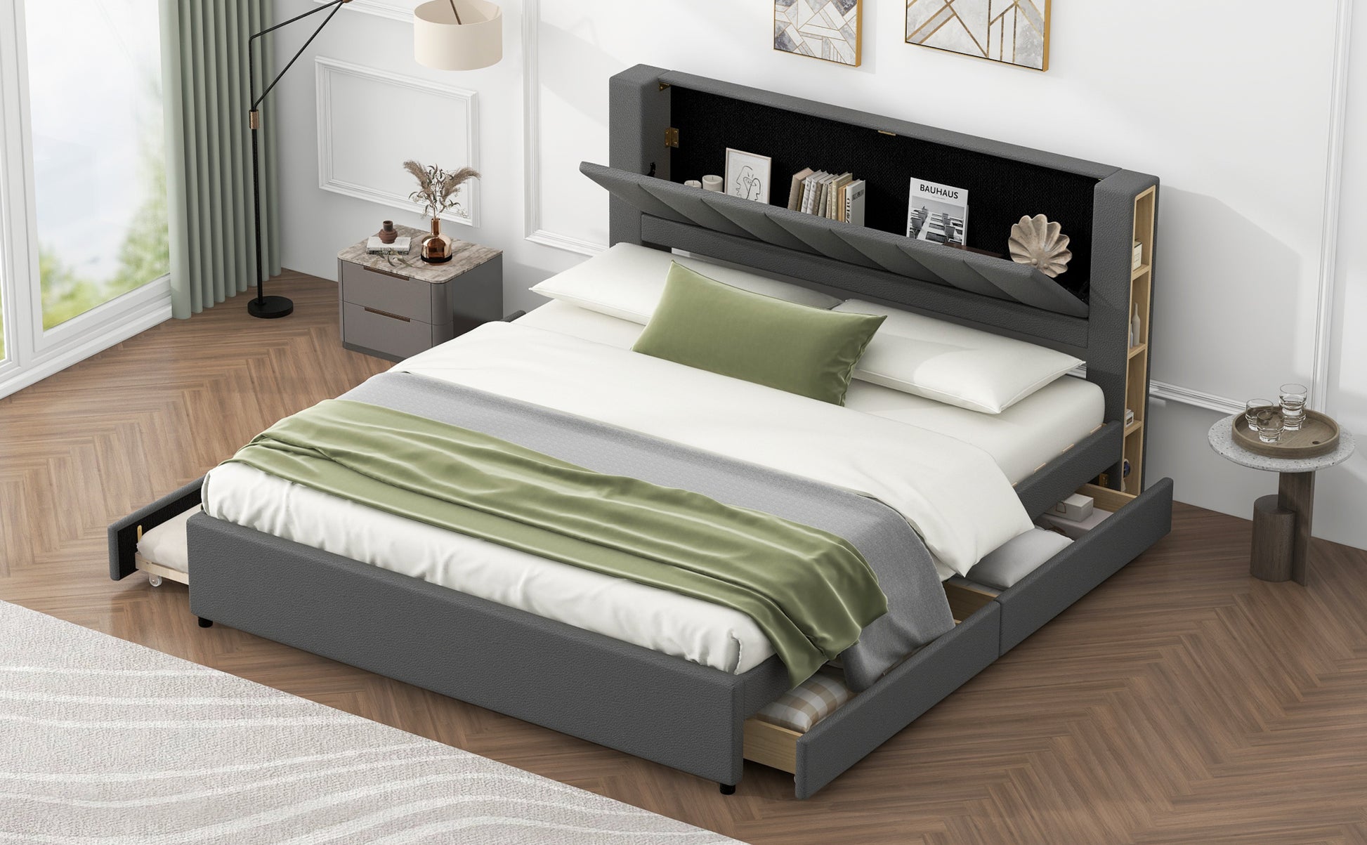 King Size Upholstery Platform Bed With Storage Headboard, 2 Drawers And Trundle, Gray King Gray Upholstered