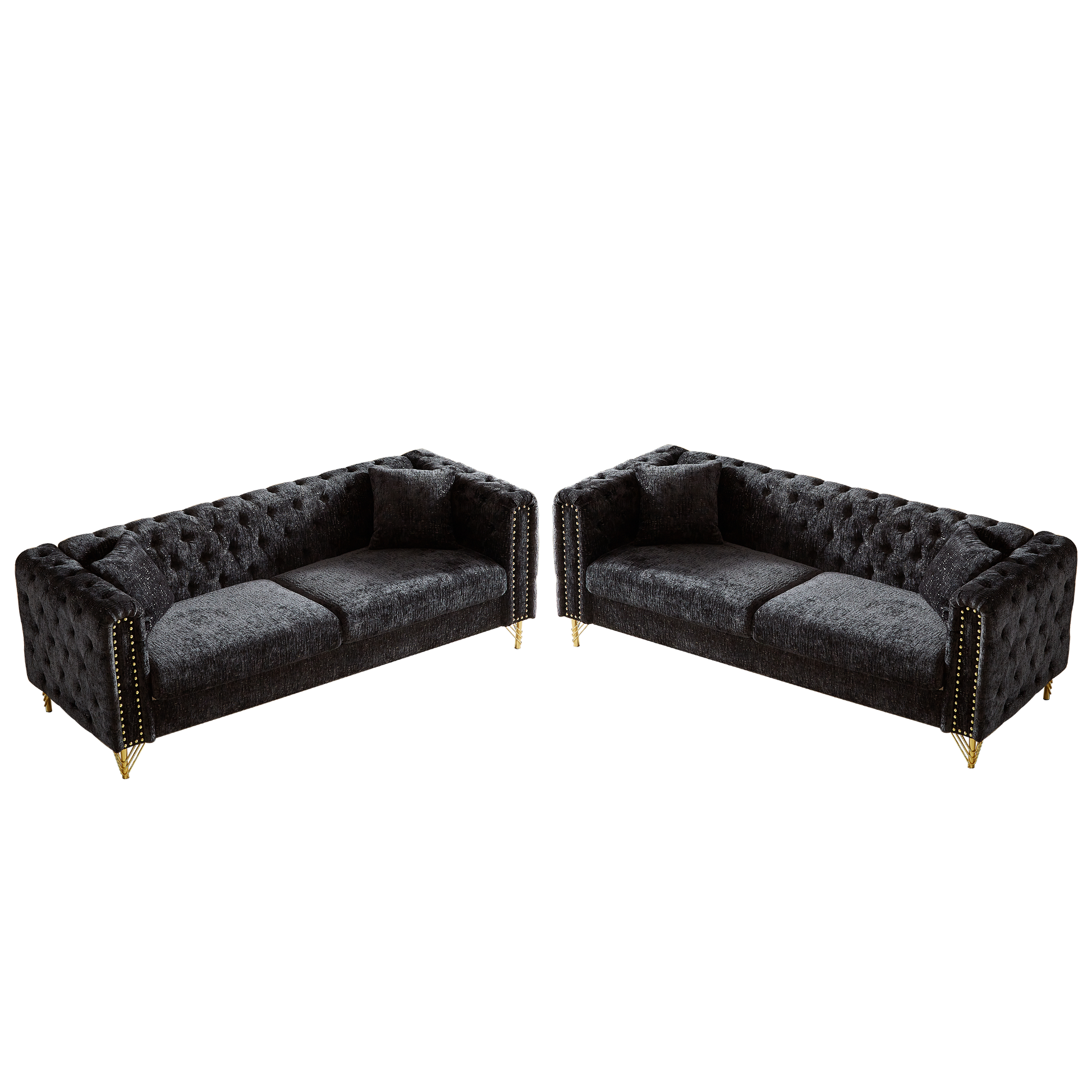 Chenille Pull Buckle Design Sofa For Living Room,Buttons Tufted With Copper Nail Decoration Armrest, Modern Couch Upholstered Button And Metal Legs Black Foam Chenille 6 Seat